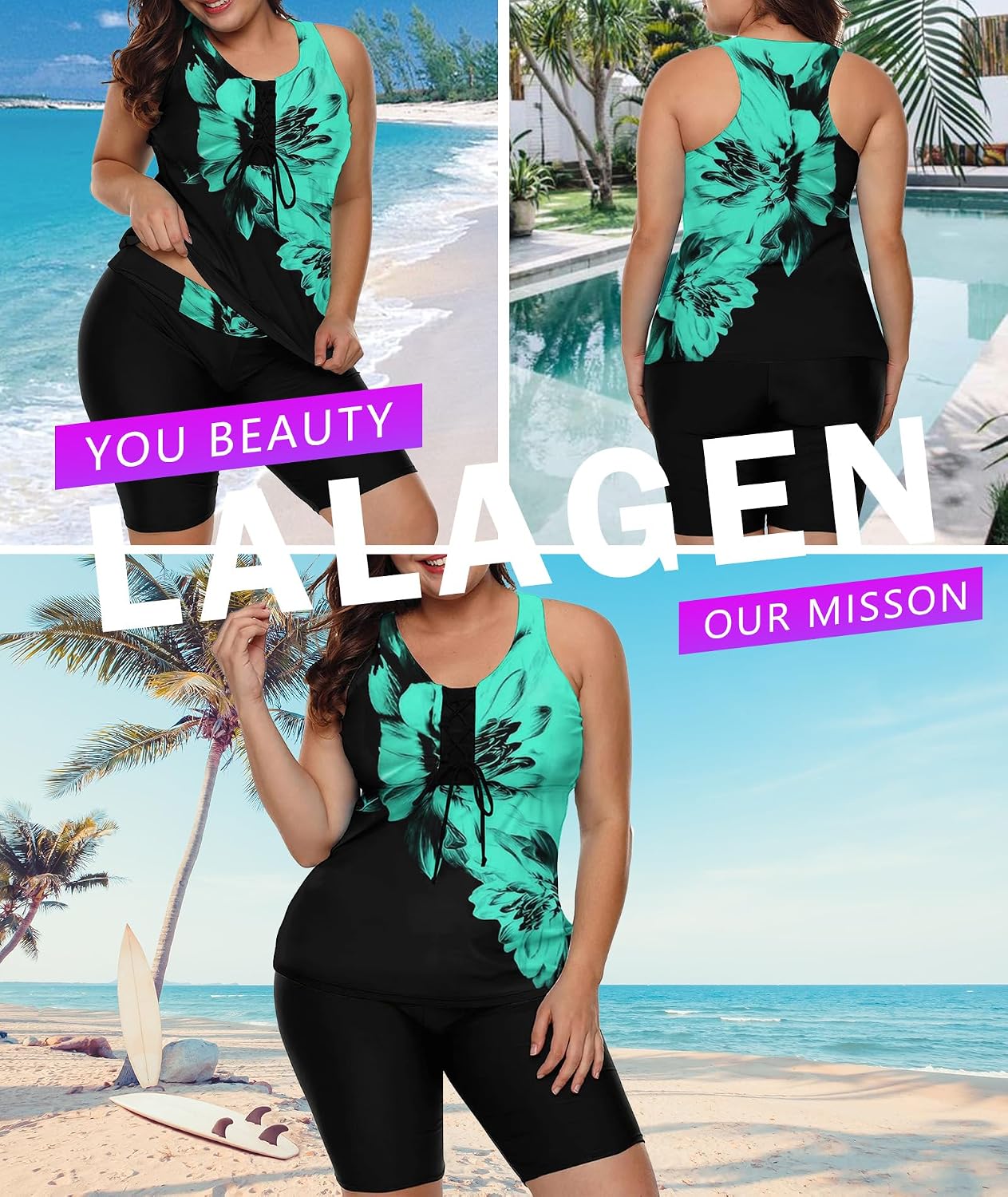 Detalle 2 de LALAGEN Womens 2026 Plus Size Tankini Swimsuit with Rash Guard Capris (S-5X)