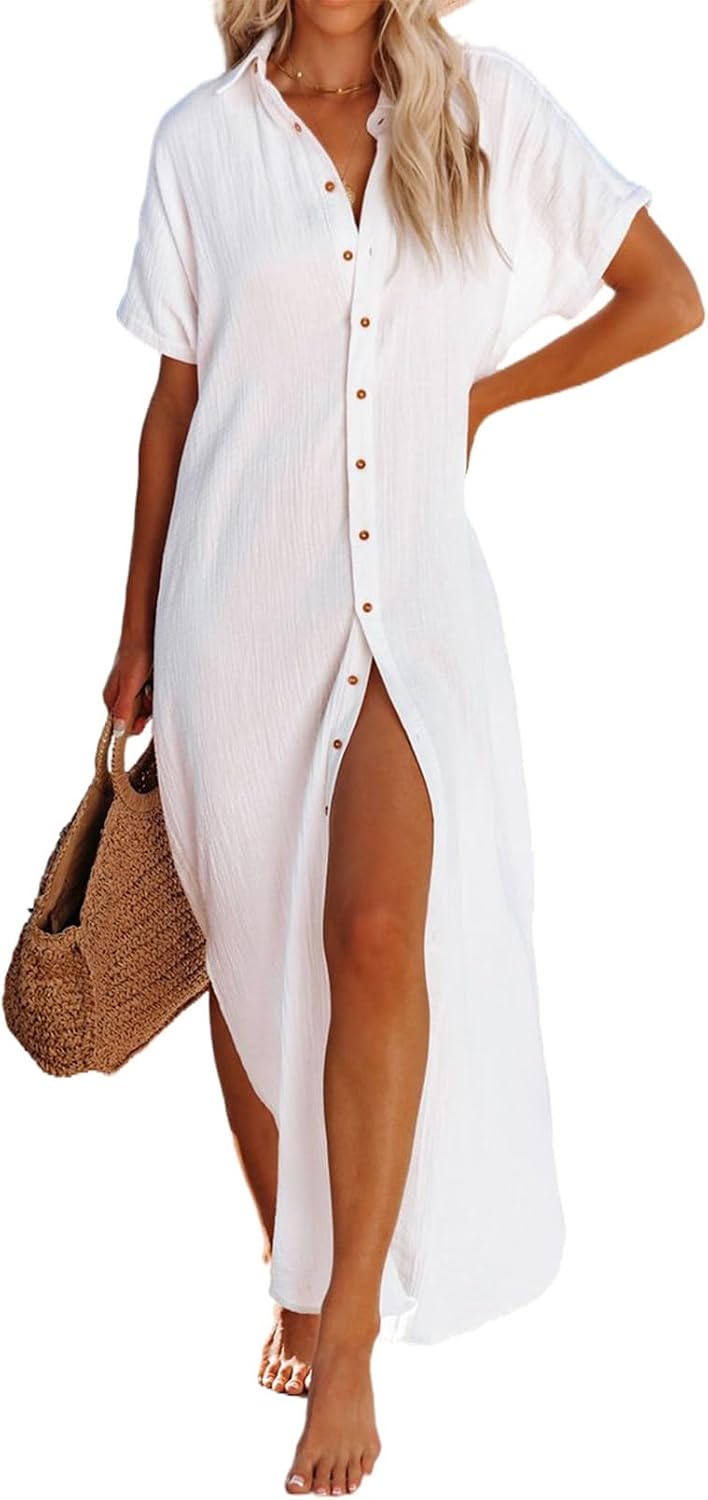 Detalle de Dokotoo Women's Casual Short Sleeve Side Split Button Down Long Kimono Swimsuit Cover Up