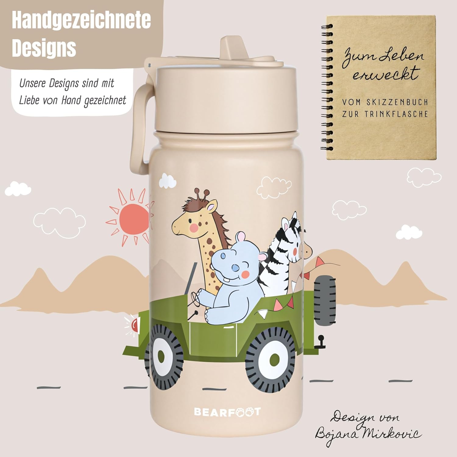 Thumbnail 1 de BEARFOOT Trinkflasche Kinder Edelstahl 400 ml mit Strohhalm – Beige Safari