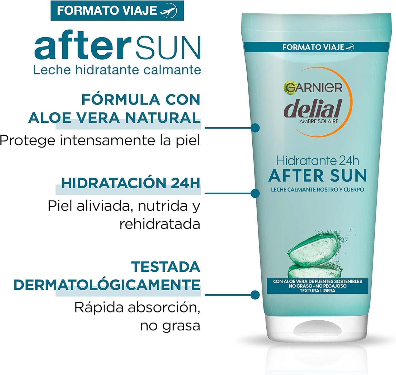 Detalle de Garnier Delial Leche Idratante Calmante After Sun con Aloe, 100 ml – formato viaggio