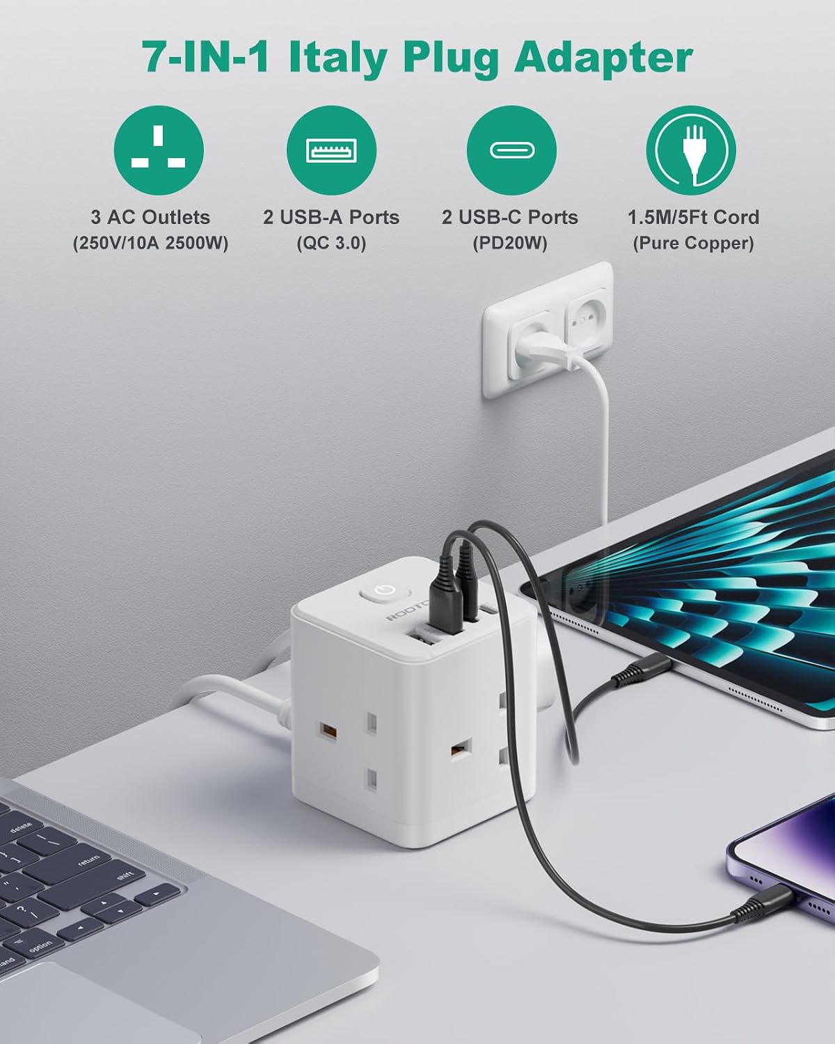 Detalle 2 de Italy Plug Adapter 1.5m Extension with 4 USB Ports 🔌