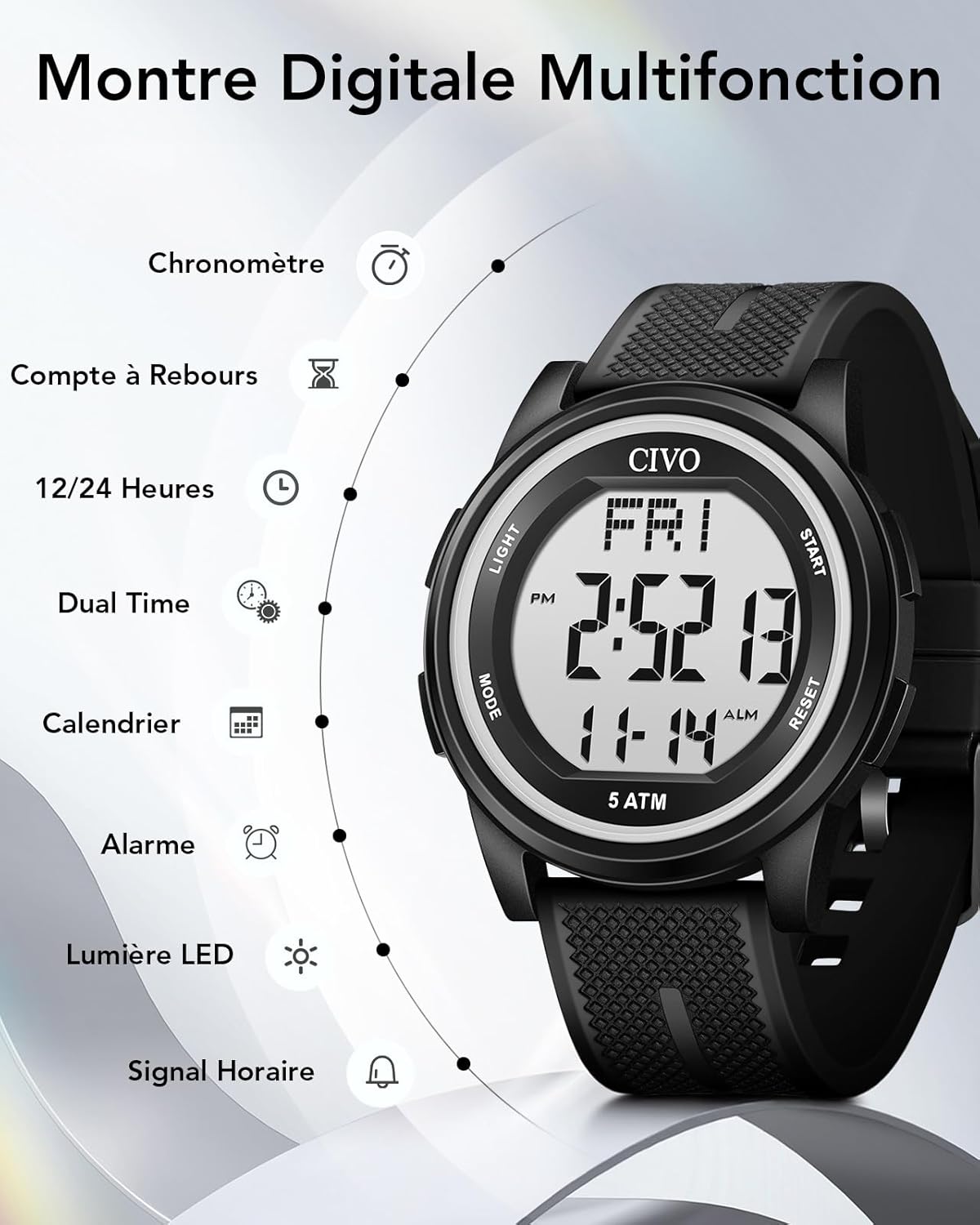 Thumbnail 3 de CIVO Montre sport numérique LED 5 ATM