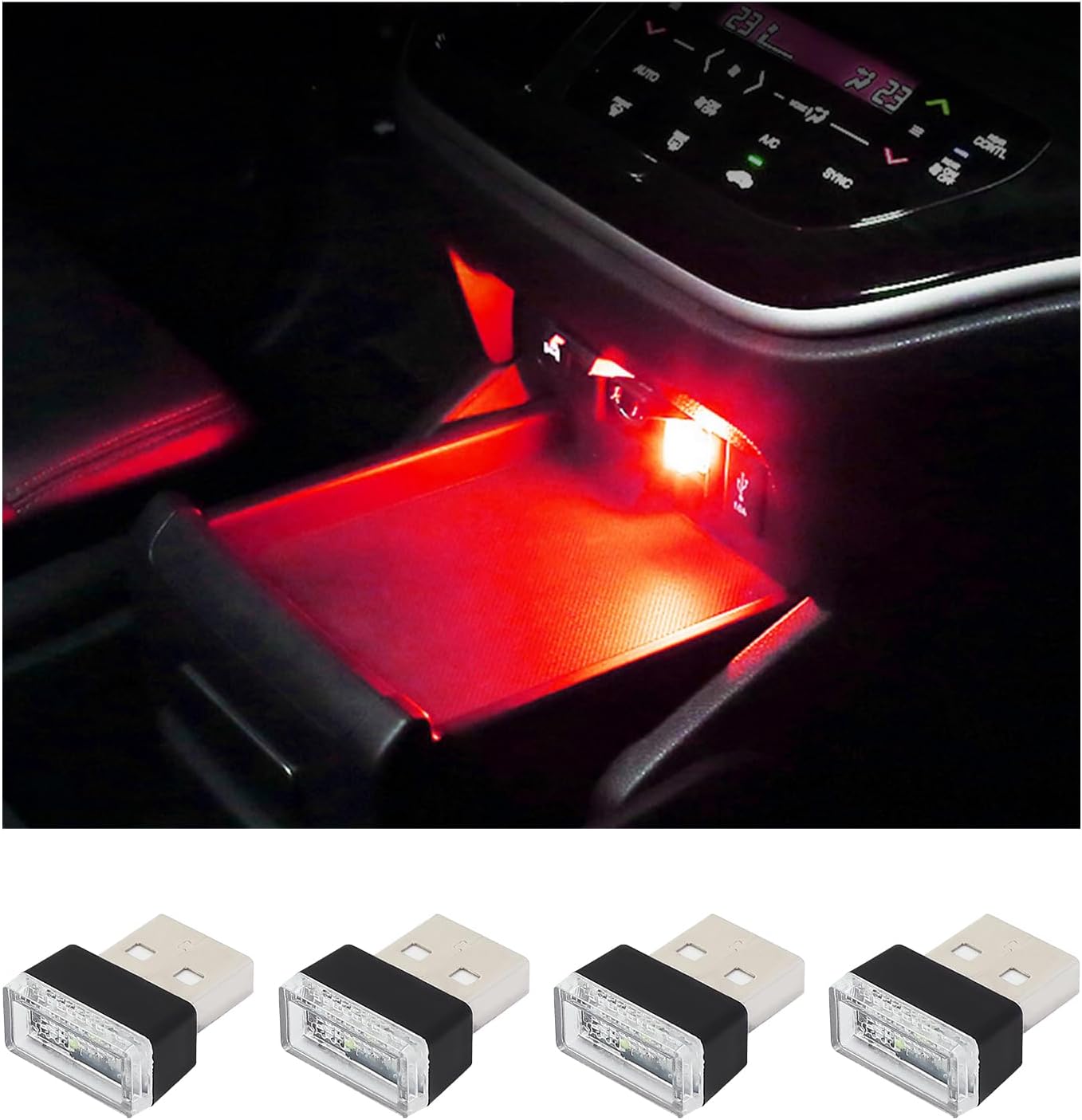 Augeny 4 PCS USB LED Car Interior Atmosphere Lamp (Red) — Portable Plug-in Ambient Night Lights