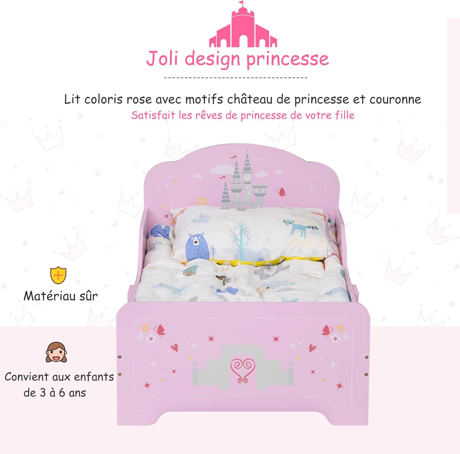 Thumbnail 2 de Lit enfant HOMCOM 140 x 70 cm – design Princesse château rose avec sommier à lattes inclus