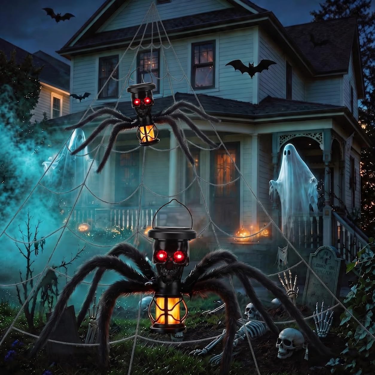 Detalle 2 de Jnaurb 2-Pack Solar Halloween Skull Lights with Flickering Flame and Spider Legs
