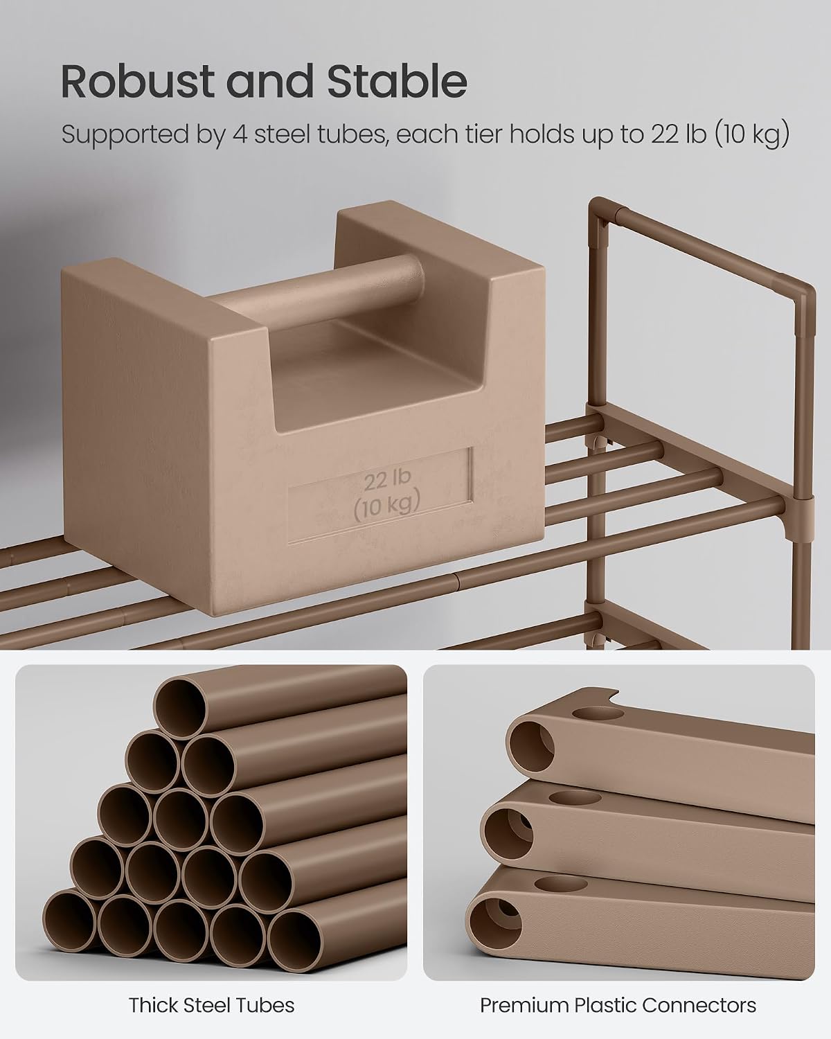 Detalle de SONGMICS 3-Tier Shoe Rack LSA303K01 (walnut brown) – stackable shoe organiser for up to 16–20 pairs