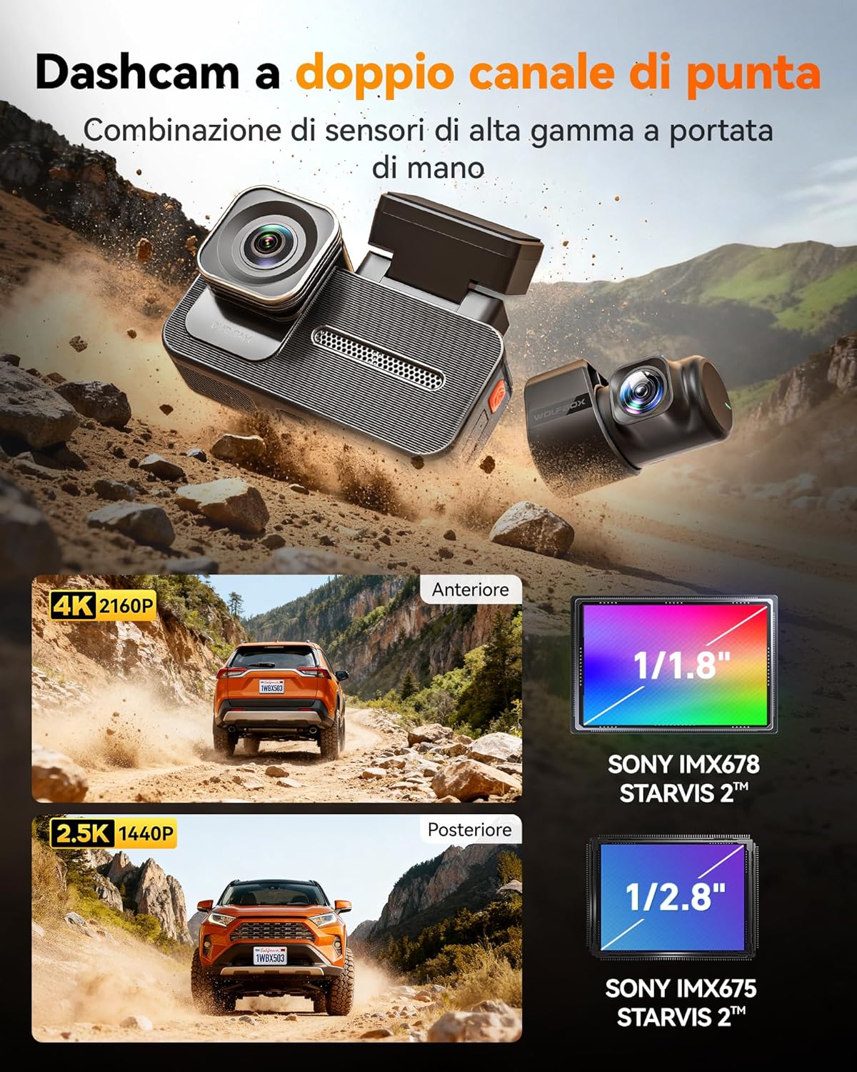 Thumbnail 1 de WOLFBOX X5 Duo 4K + 2.5K Dashcam auto anteriore e posteriore con anti shake, STARVIS 2 HDR, Wi‑Fi 5.8 GHz e GPS