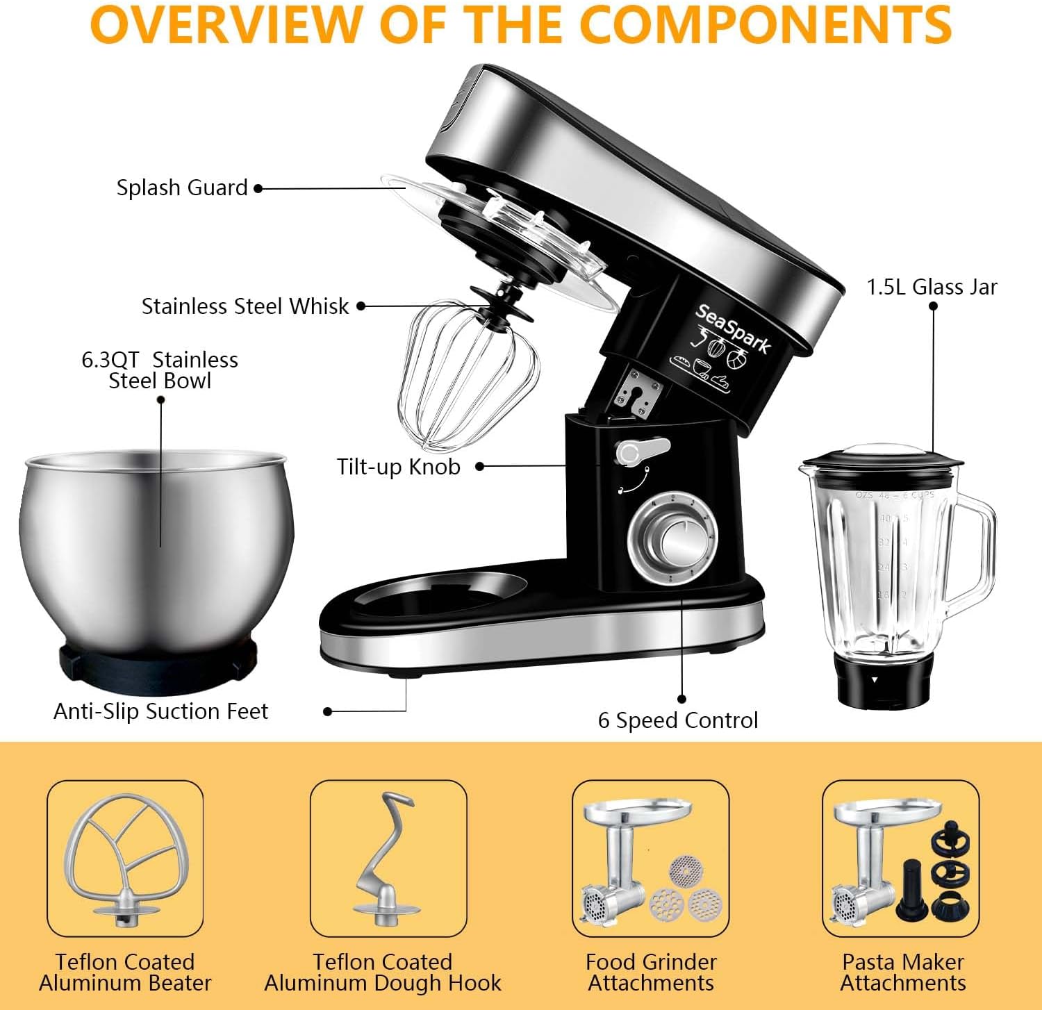 Thumbnail 4 de SeaSpark Multifunctional 6-in-1 Stand Mixer (6.3Qt Tilt-Head) with Stainless Steel Bowl, Meat Grinder & Juice Blender, Black (SC-213C)