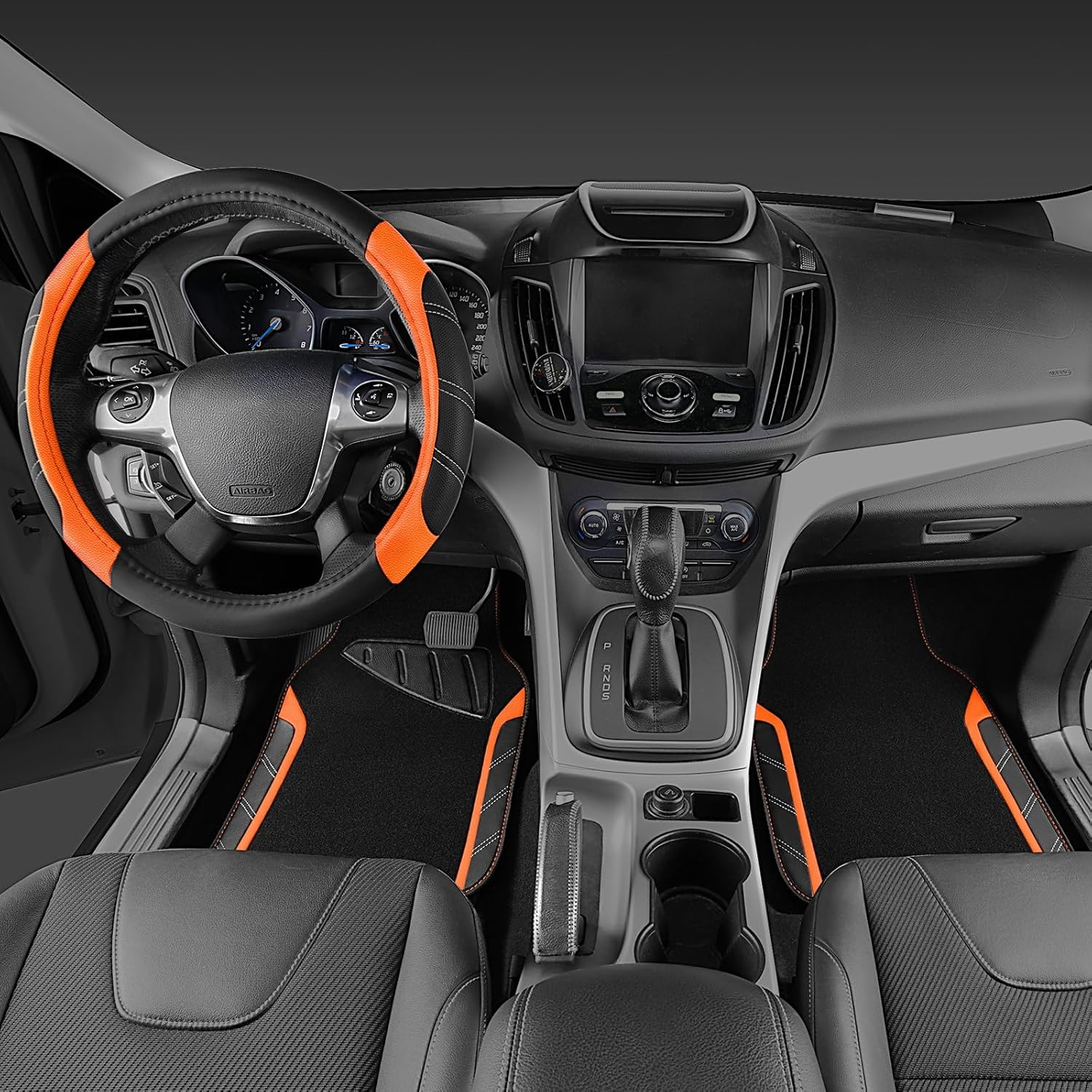 Thumbnail 2 de CAR PASS Leather Steering Wheel Cover and Waterproof Floor Mats Combo for 95% of Cars — 14.5–15 inch, Orange Sporty Lux Feel