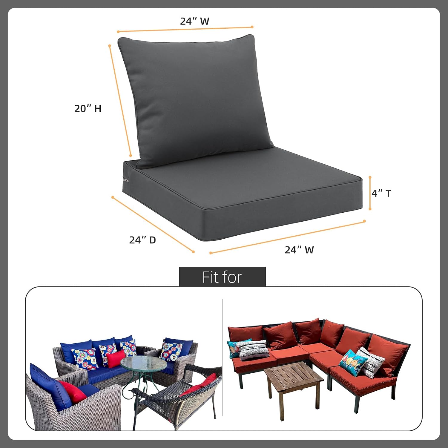 Detalle de Favoyard FYA41ZD005DG24 Outdoor Cushion Set, 24-Inch Waterproof Dark Gray
