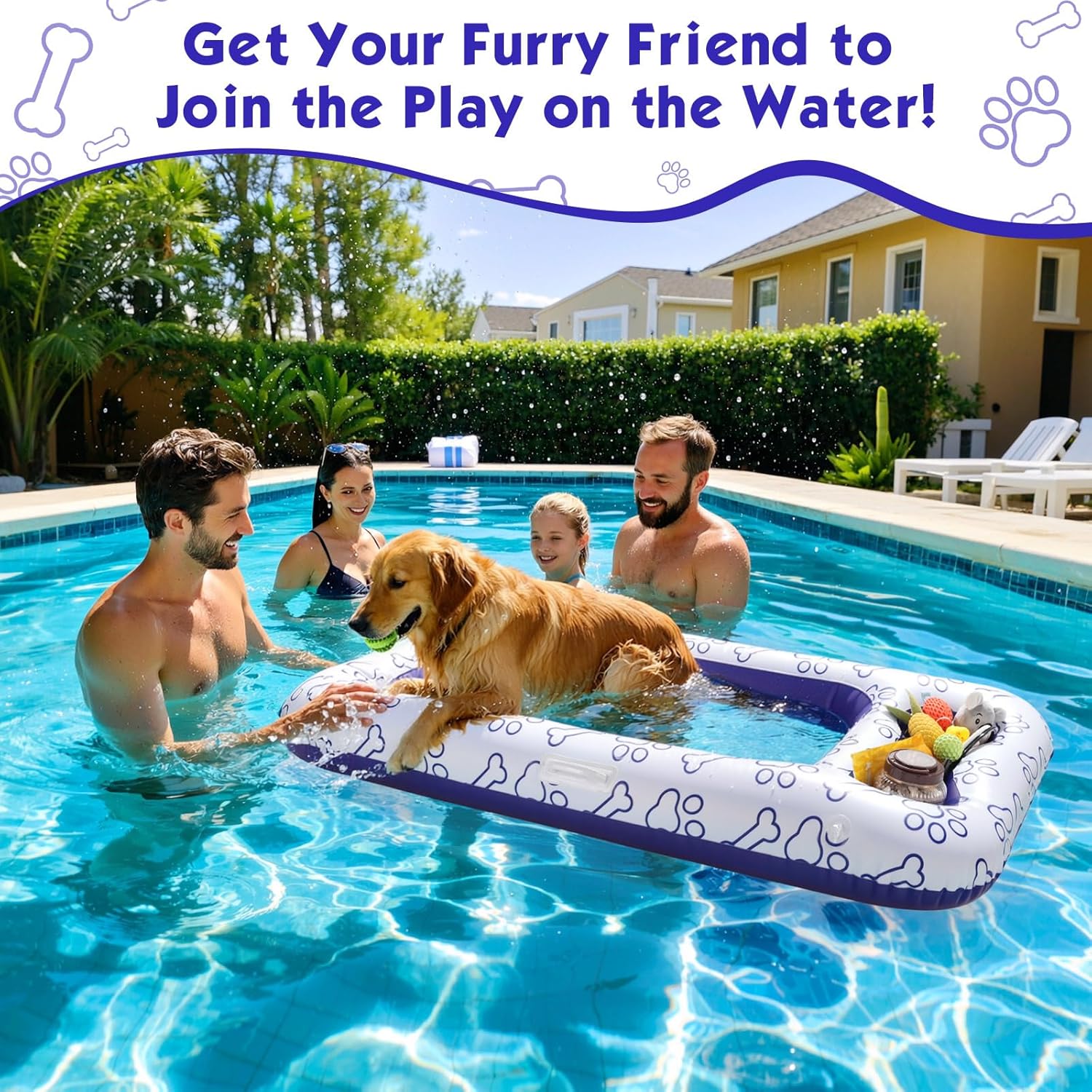 Detalle de MoKo Hundepool-Schwimmfloß 59 × 35 Zoll – Aufblasbares Hundebett mit Staufach, PVC/Mesh, Blau