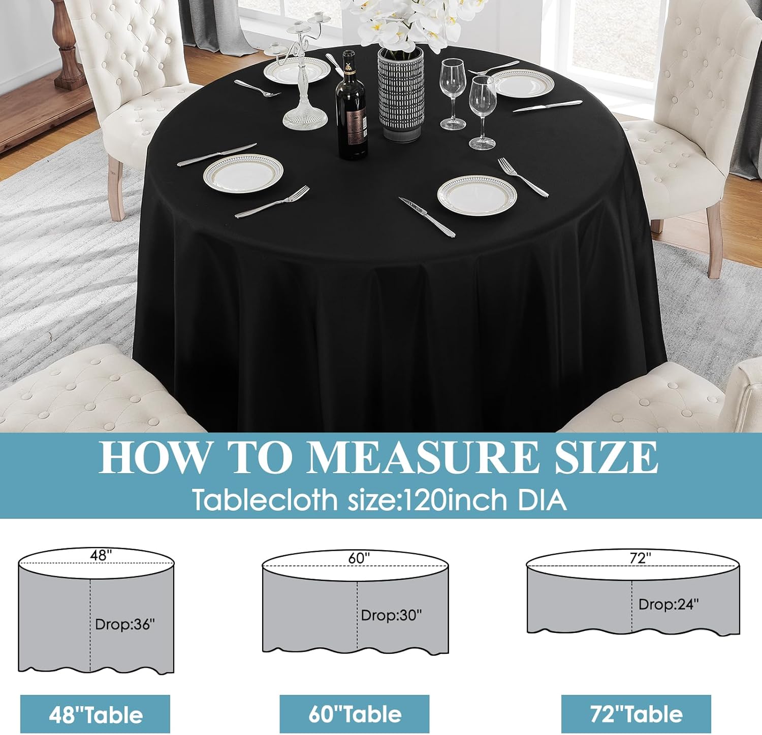 Thumbnail 1 de VidaFete 2 Pack 120-Inch Round Polyester Tablecloths (Black) for Indoor & Outdoor Dining