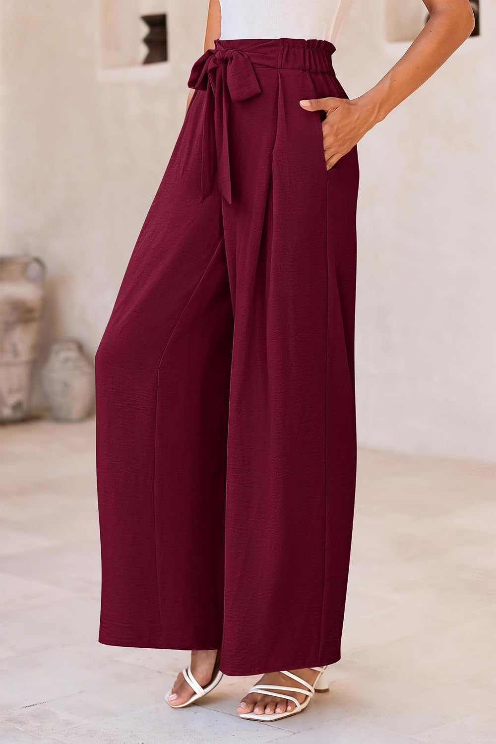 Detalle 1 de PRETTYGARDEN Women's Palazzo Work Pants, Wide Leg, Elastic Waist, Tie Front