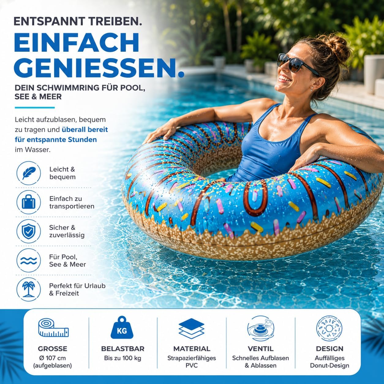 Thumbnail 3 de Aufblasbarer Schwimmring – Donut-Design, Ø120 cm, Getränkehalter, für Erwachsene und Kinder