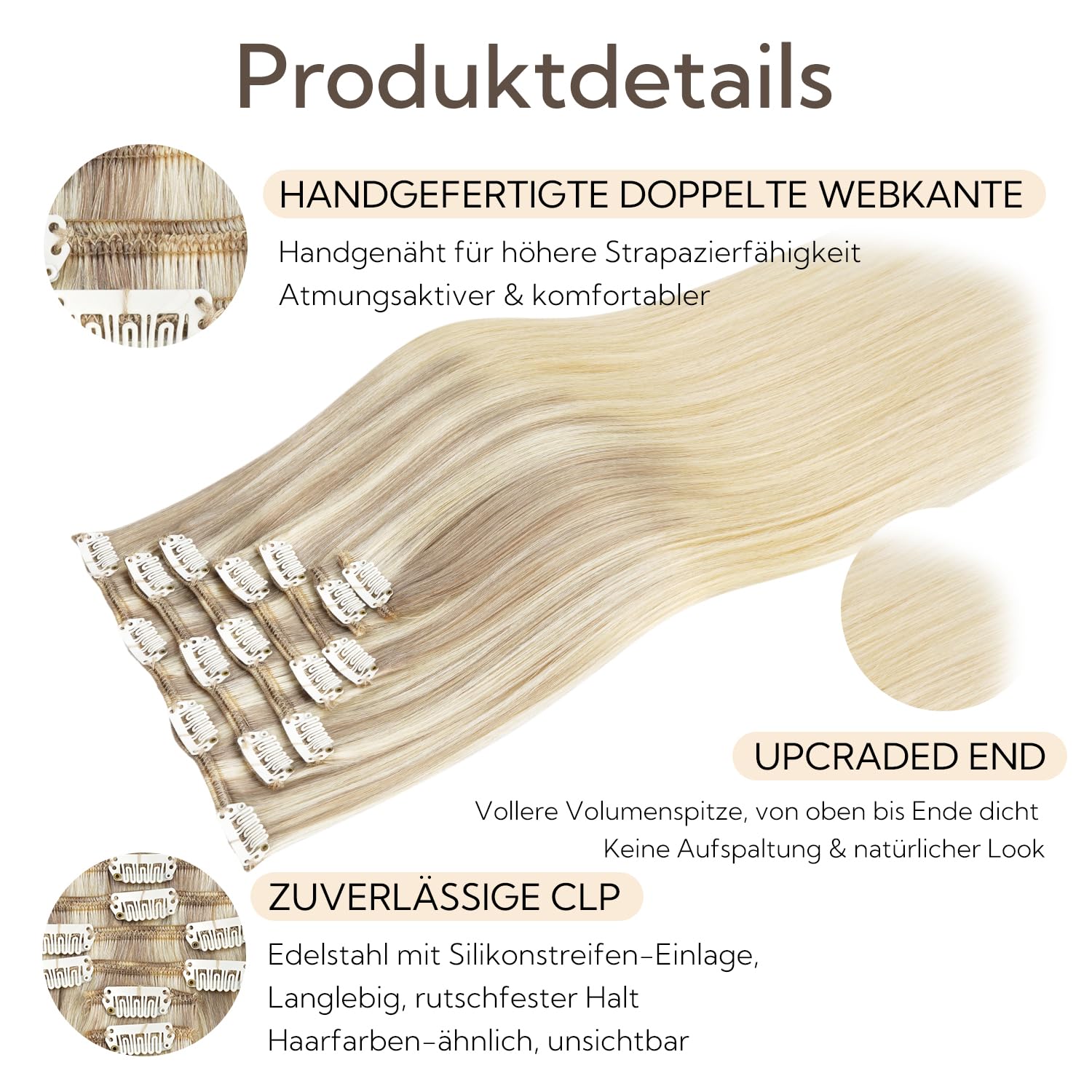 Detalle de hotbanana Clip In Extensions Echthaar 50 cm / 120 g – 7-teiliges Set in Aschblond bis Goldblond und Platinblond