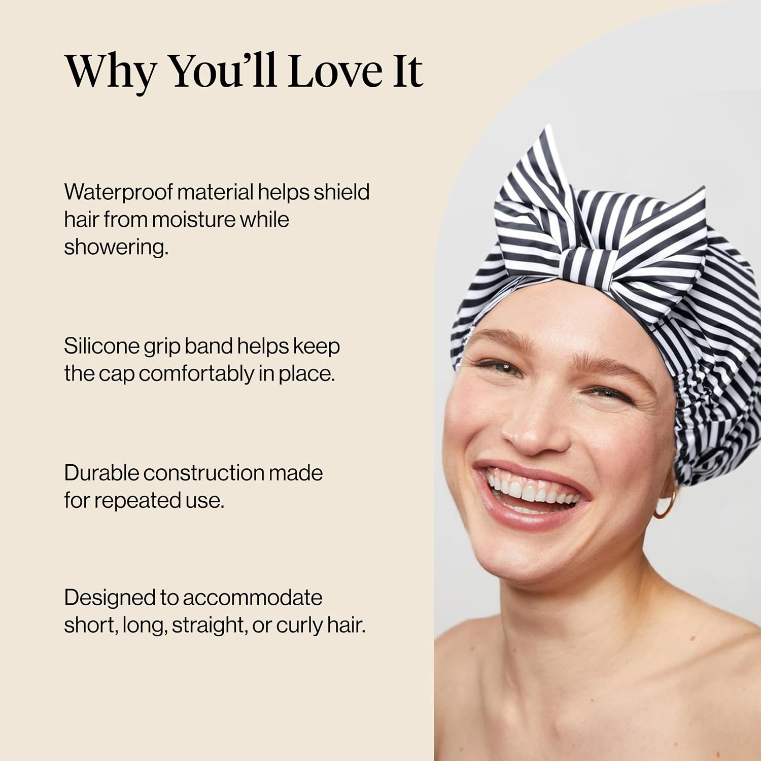 Detalle 1 de Kitsch Luxury Large Shower Cap, Reusable Waterproof Polyester, Black and White Stripe