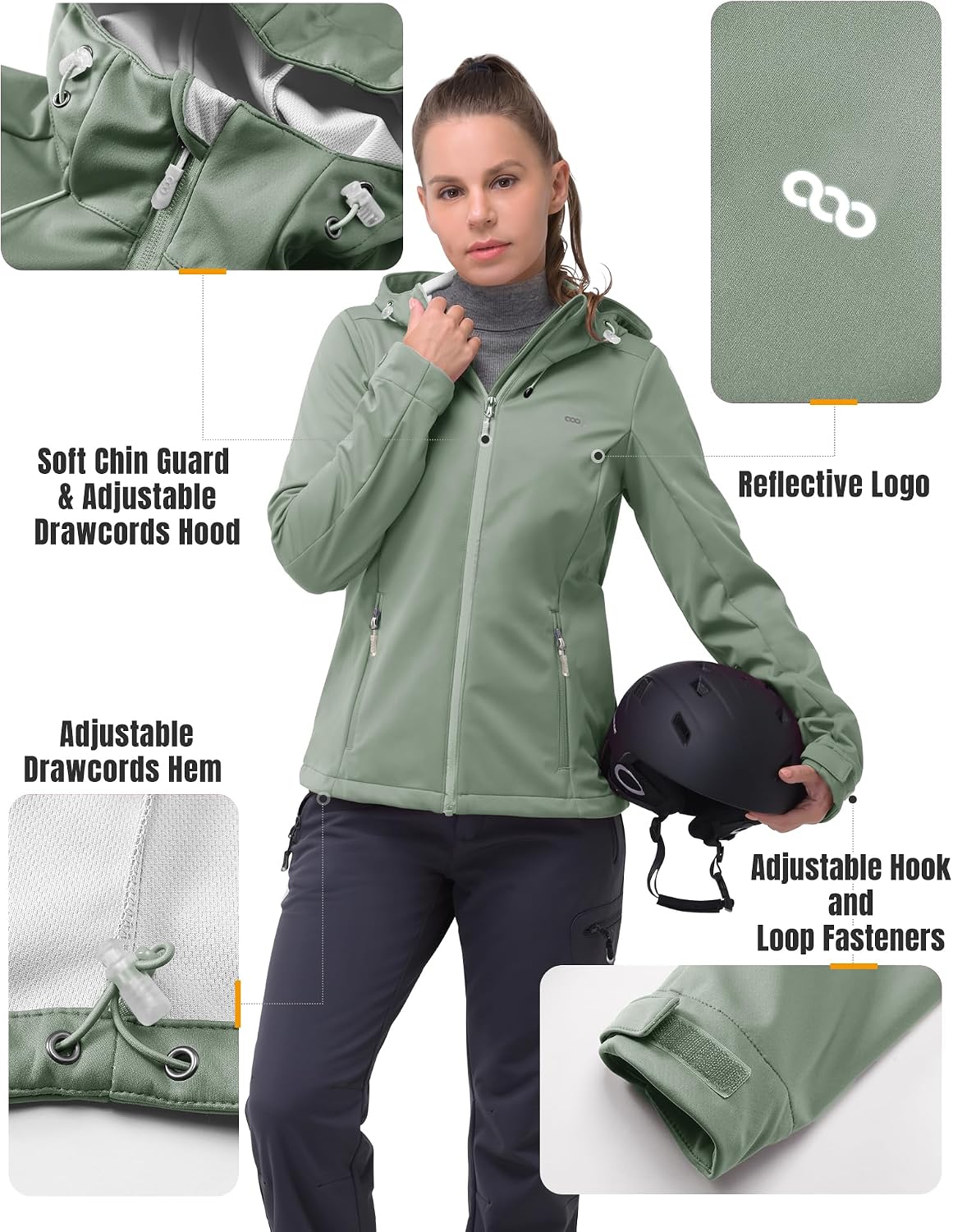 Detalle de 33,000ft Damen Softshelljacke mit Kapuze – wasserdichte, winddichte Übergangsjacke fürs Laufen, Radfahren & Wandern