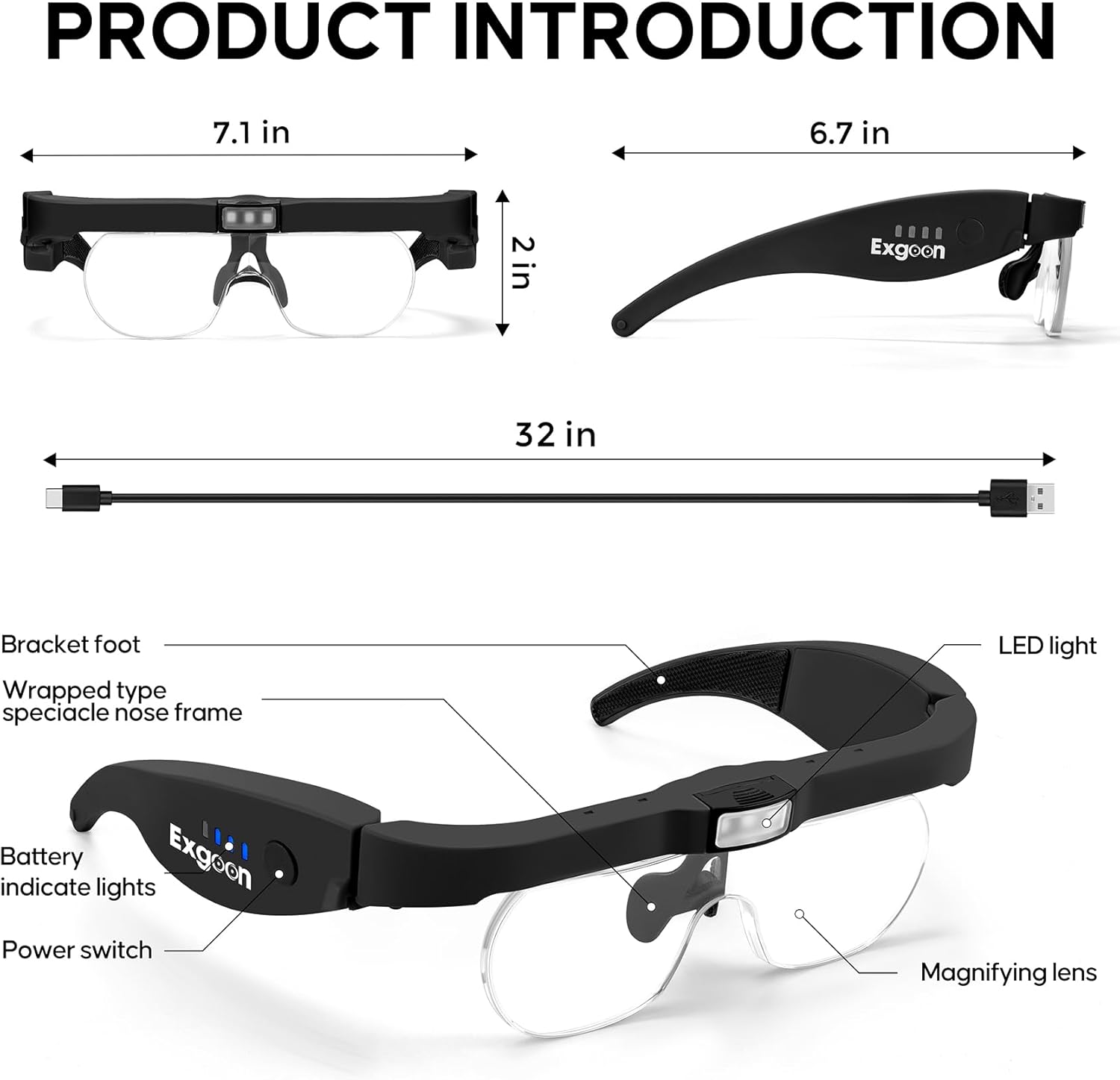 Thumbnail 4 de Exgoon Loupe avec lumière, loupe 1,5X à 5X avec 4 lentilles détachables et bandeau mains libres rechargeable (Noir)