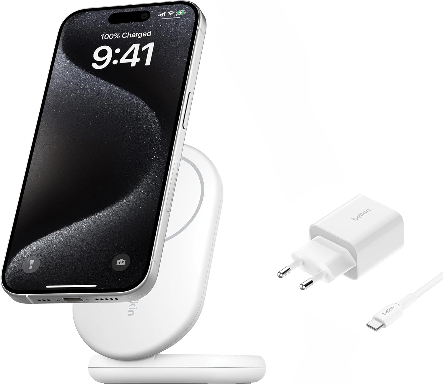 Detalle de Belkin BoostCharge Socle de Recharge Qi2 avec Support Pliable — 15 W, MagSafe compatible (iPhone 16/15/14/13) – Blanc