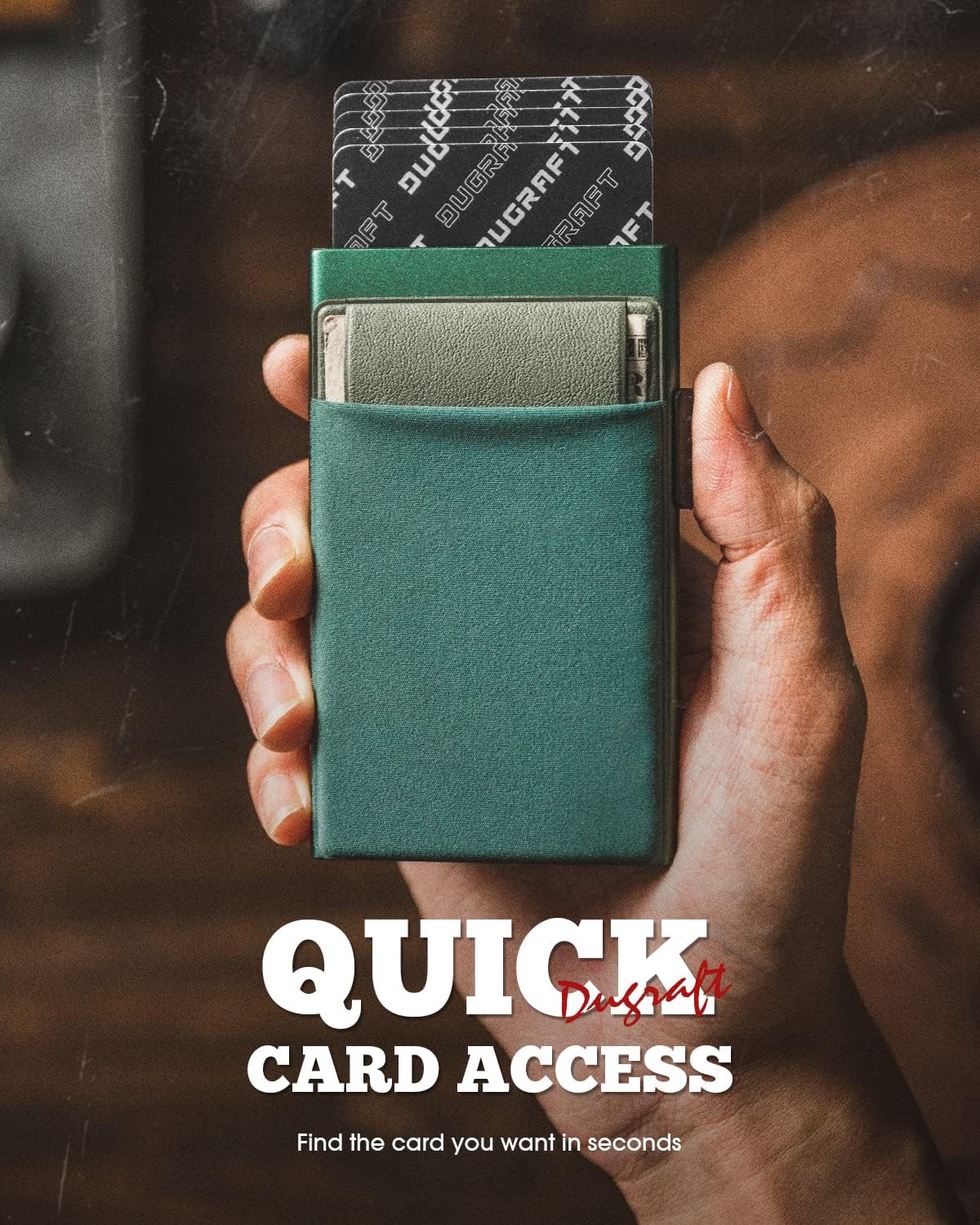 Thumbnail 1 de DUGRAFT Men’s Pop-Up Credit Card Holder Wallet (Midnight Green) – Slim RFID Blocking Aluminium Card Wallet with Coin Pocket