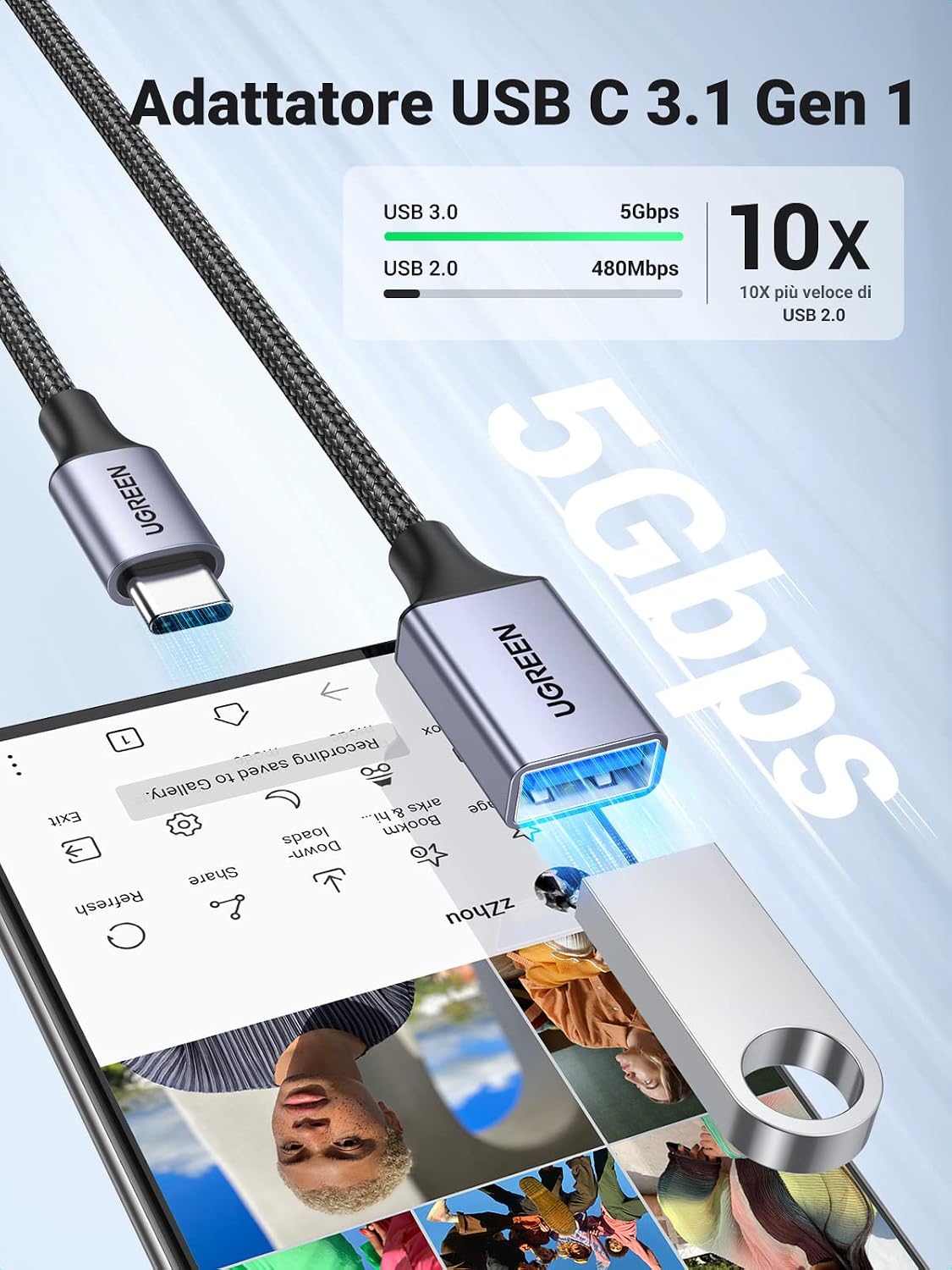 Detalle de UGREEN Cavo OTG Type-C maschio a USB 3.0 femmina 5 Gbps in nylon intrecciato (compatibile con iPhone, iPad, MacBook e Galaxy)