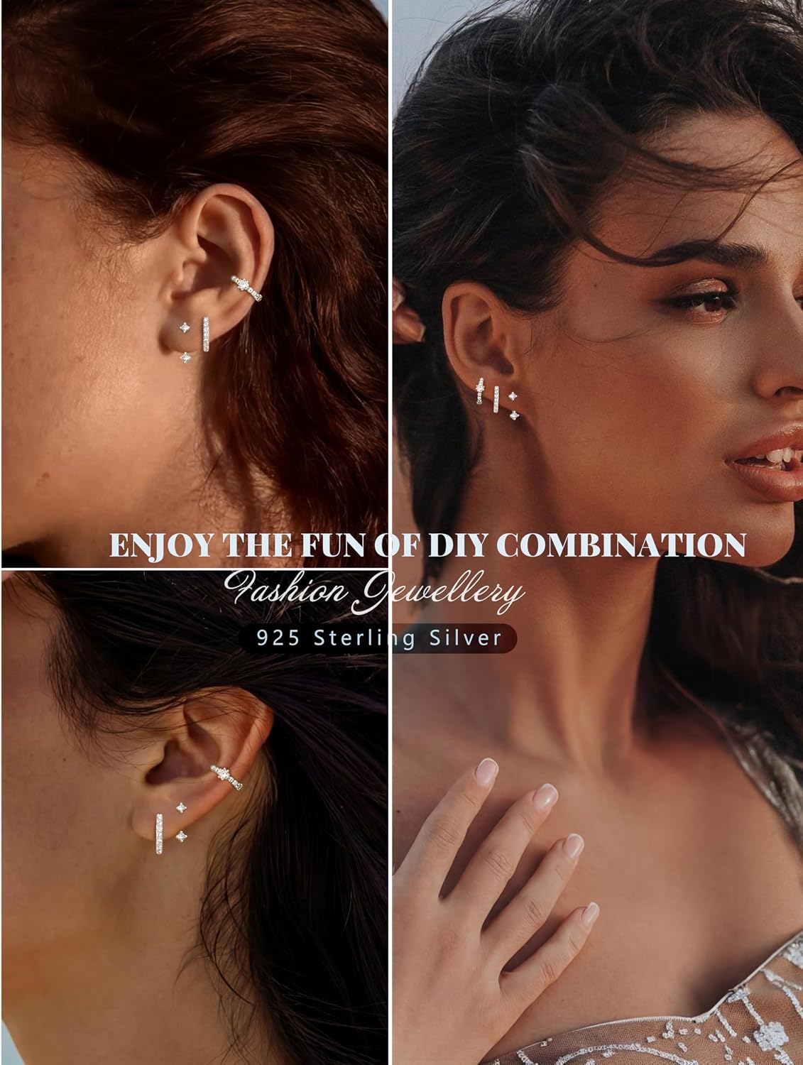 Thumbnail 3 de JeweBella 3 Paar Ohrringe Set aus 925 Silber mit Zirkonia – Ohrringstecker, Creolen & Huggie (stapelbar)