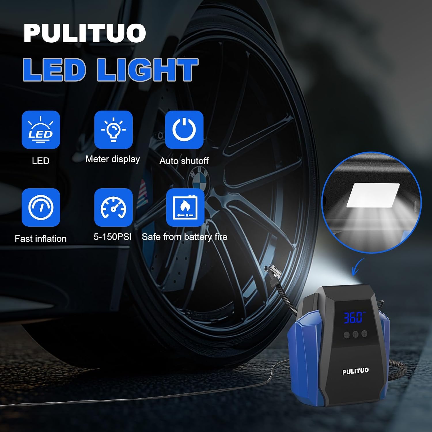 Thumbnail 2 de PULITUO Tire Inflator Portable Air Compressor 150PSI