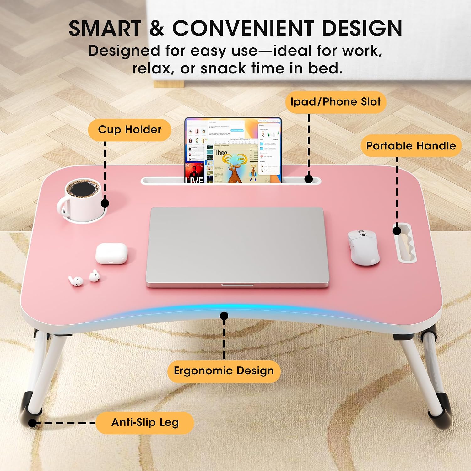 Detalle de Frpufi LD002 Folding Lap Desk, 23.6-Inch Wood Bed Table with Cup Holder, Pink