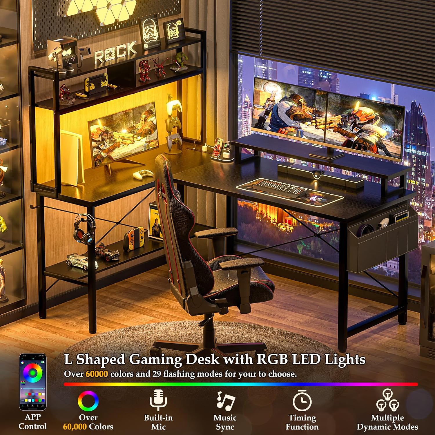 Detalle de iSunirm L Shaped Gaming Desk with Power Outlets & LED Lights