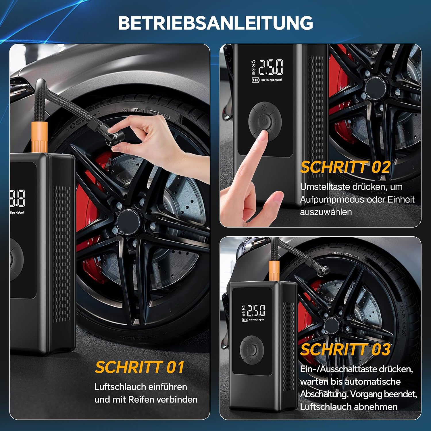 Detalle de Elektrische Luftpumpe 150 PSI – tragbarer Akku Mini-Kompressor mit digitaler Anzeige, LED-Licht & USB-Laden