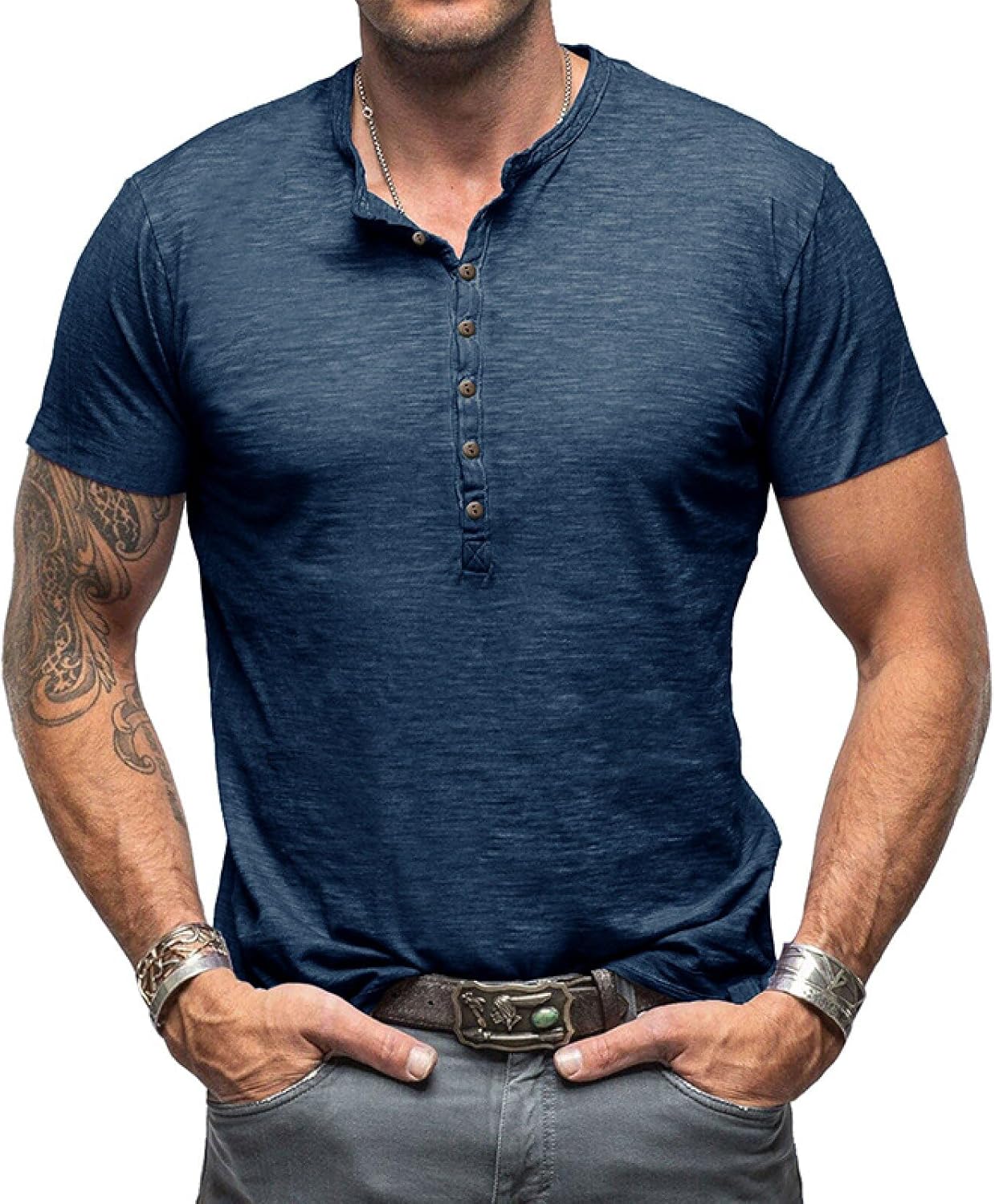 Detalle de Henley Shirt Herren Kurzarm – Vintage Slim Fit mit 8er Knopfleiste
