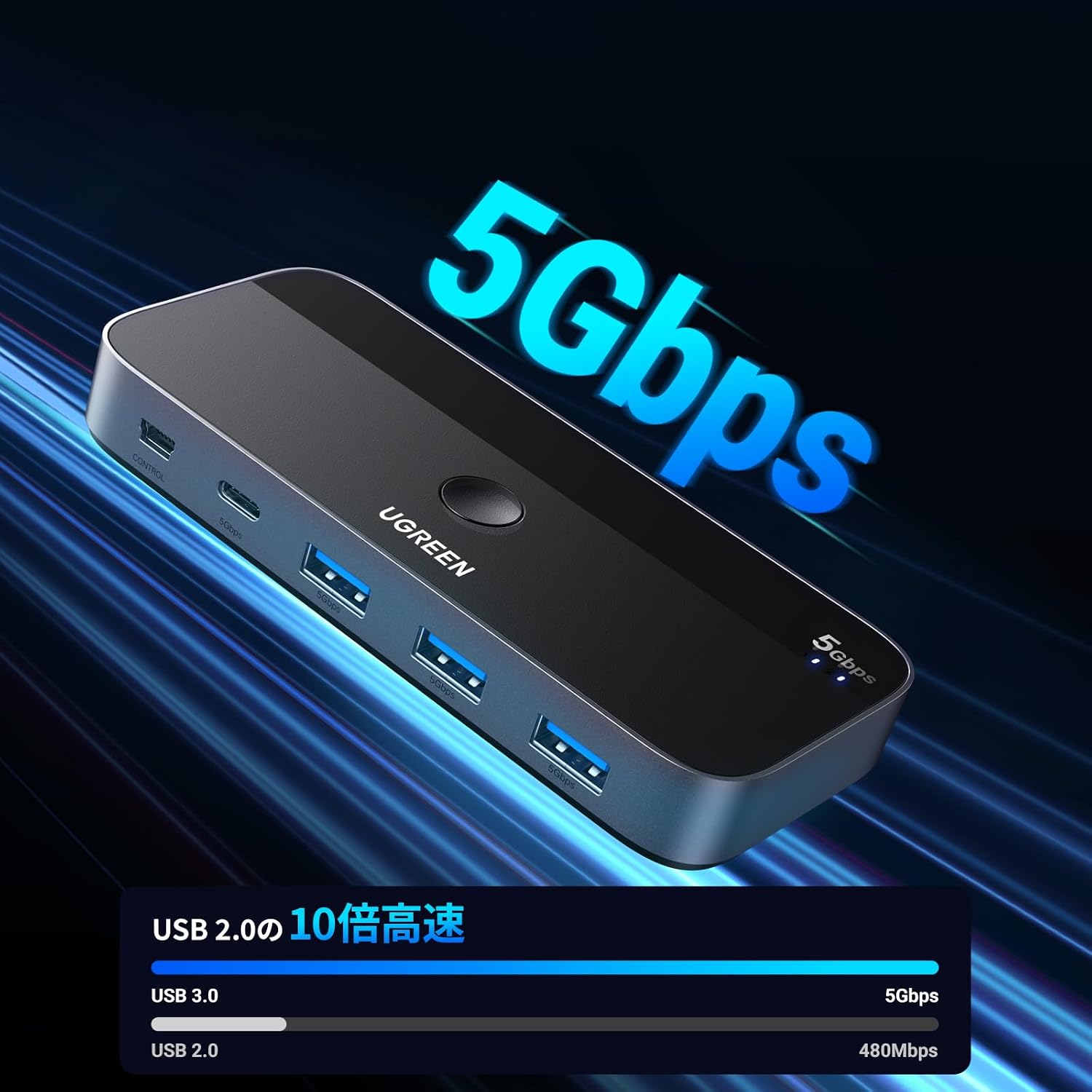 Detalle 2 de UGREEN USB 3.0切替器 2入力4出力 USB-A・USB-C対応 5Gbps リモコン付き