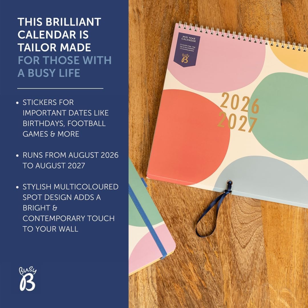 Detalle de Busy B Family Wall Calendar – Mid-Year 2026–2027 (Aug ’26–Aug ’27) with 5-Column Layout, Storage Pockets and Colour-Coded Stickers