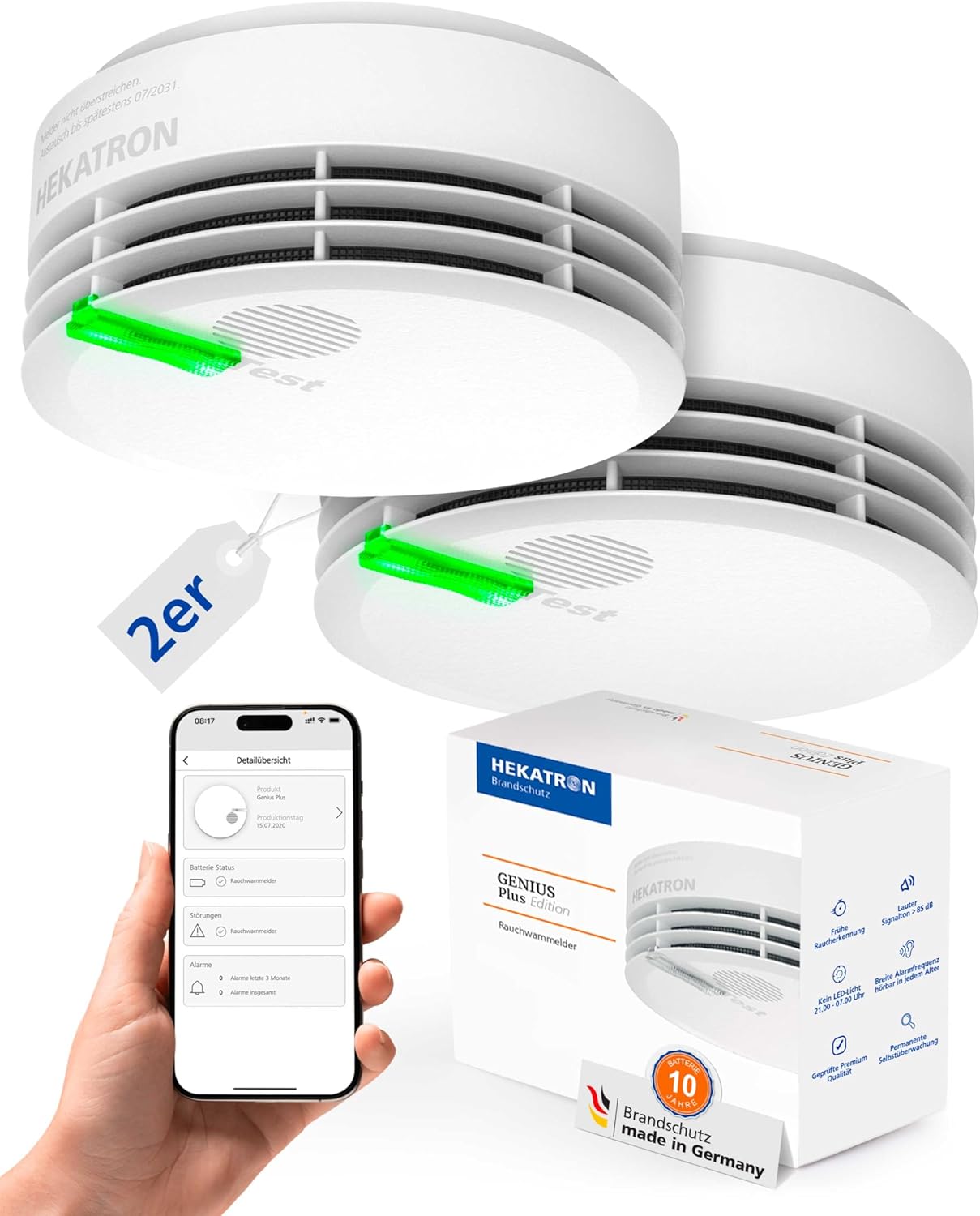 Detalle de Hekatron Genius Plus Rauchmelder 2er-Set – 10 Jahre Batterie, App-Unterstützung, Made in Germany