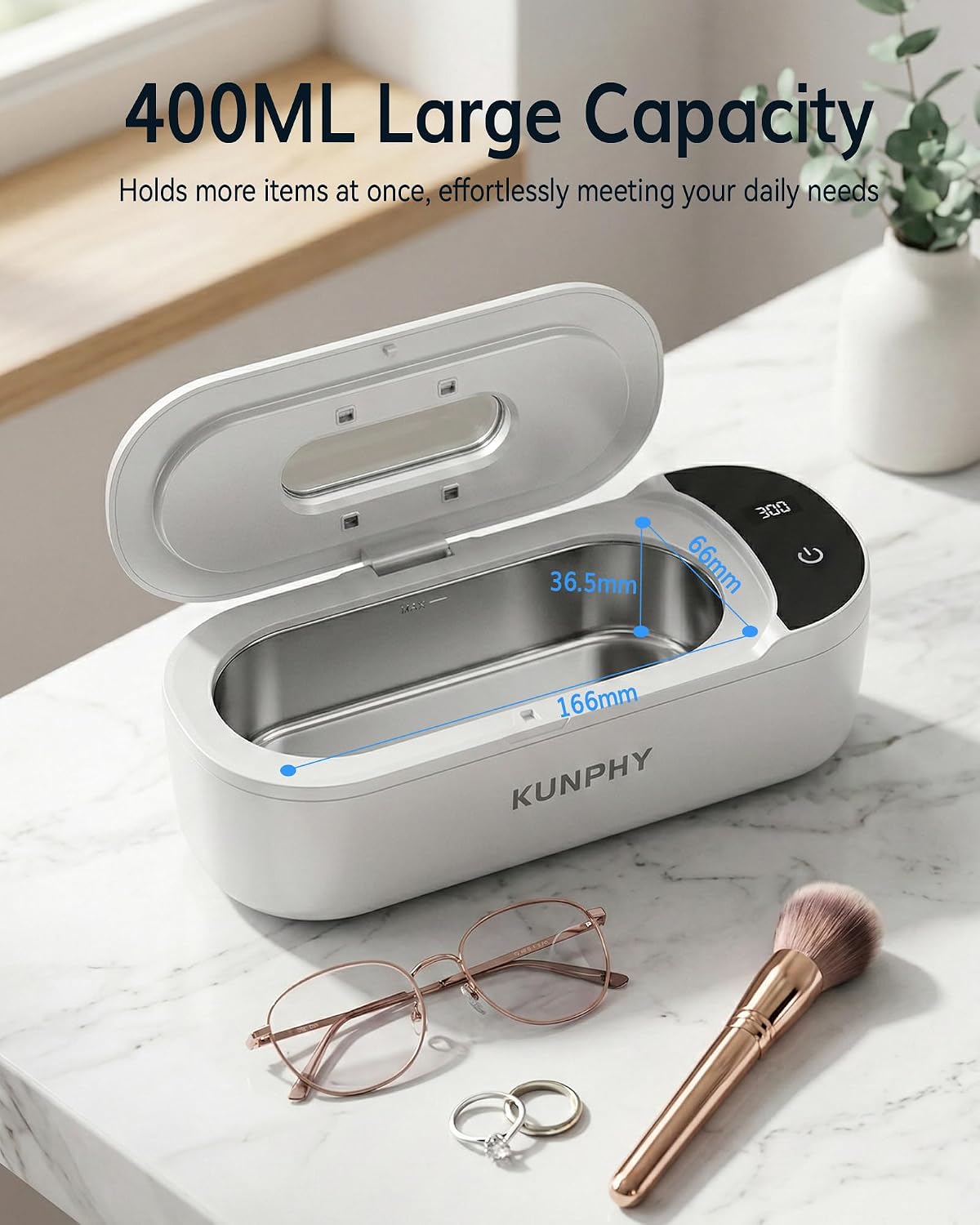 Detalle 2 de KUNPHY Ultrasonic Jewellery Cleaner — 400ml Large Capacity with UV Light