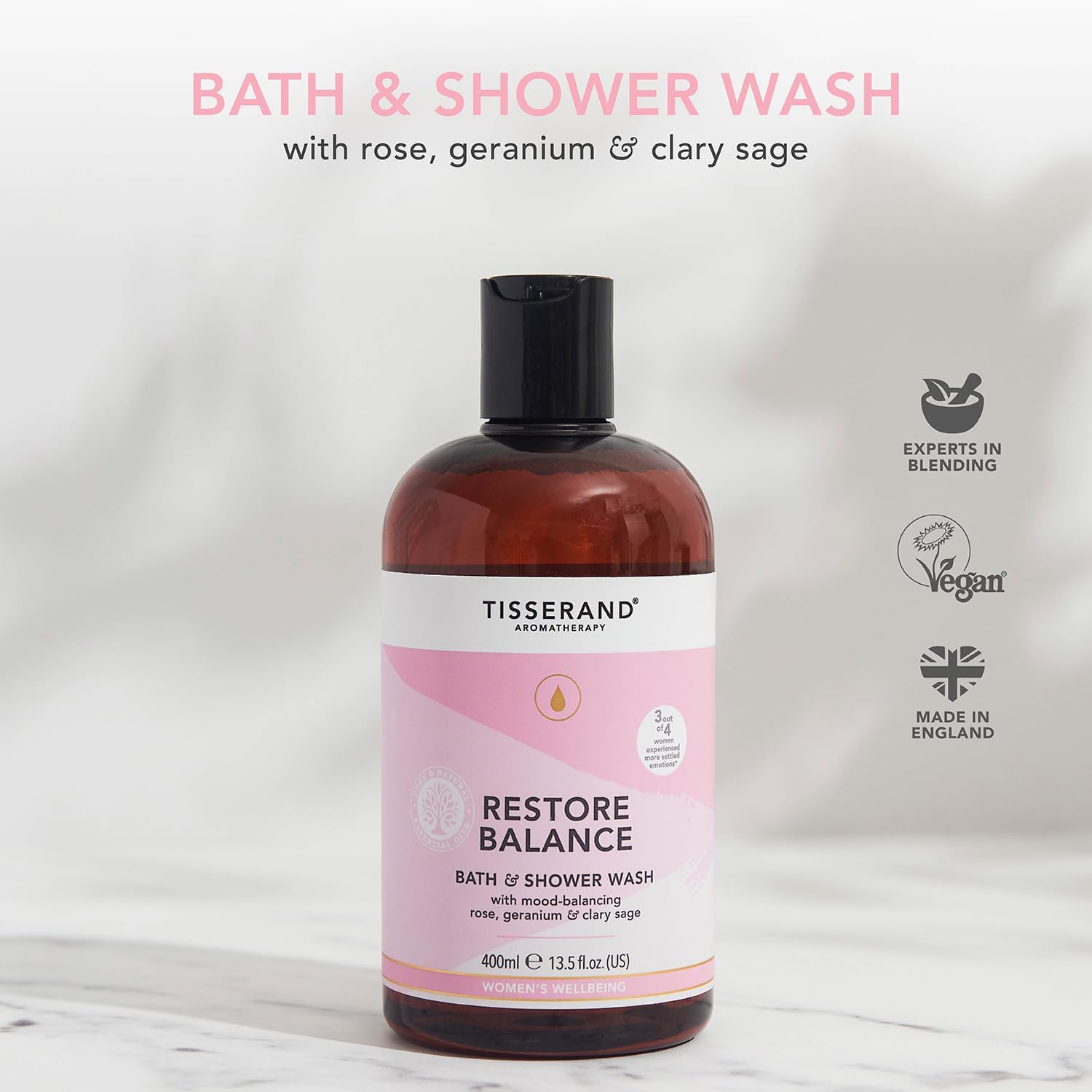 Detalle de Tisserand Restore Balance Bath & Shower Wash for Perimenopause, Menopause & Menstruation – Rose, Clary Sage & Geranium (400ml)