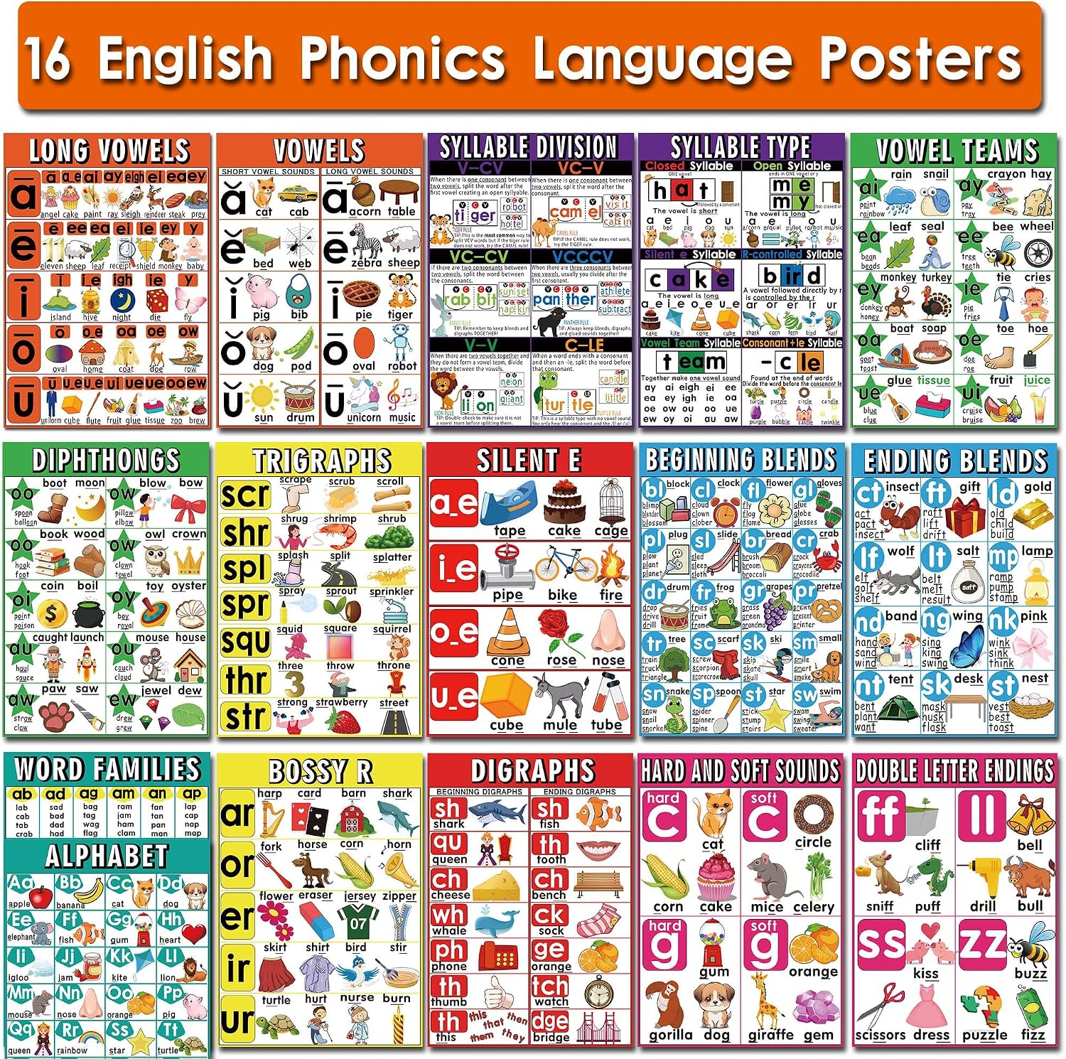 Detalle de 英語フォニックス学習ポスター16枚セット 母音・短母音・音の組み合わせ、11×16インチ