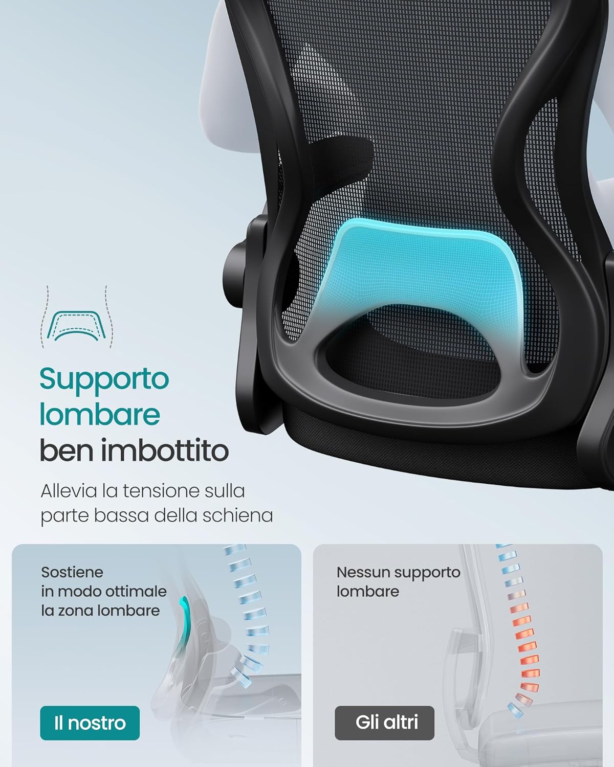Thumbnail 3 de SONGMICS OBN042BH02 sedia ufficio ergonomica con rete, supporto lombare adattivo e funzione oscillante