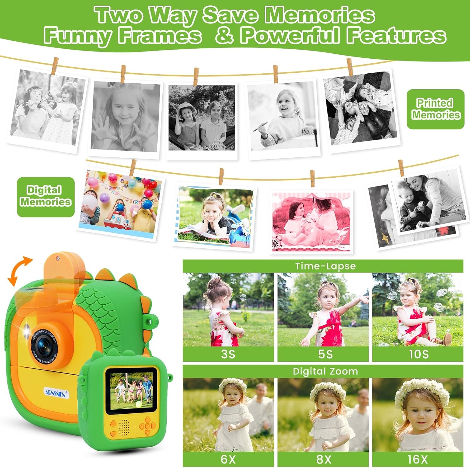 Thumbnail 3 de ARNSSIEN Kids Camera Instant Print with 180° Flip Lens (Green Dinosaur)