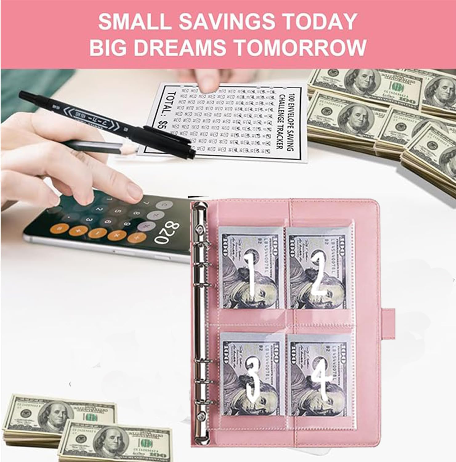 Detalle 2 de UOCLERY 100 Envelopes Money-Saving Challenge Binder, 2-Pack, Pink and Black