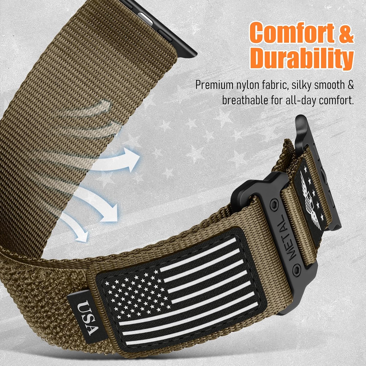 Detalle de Rugged Nylon Band for Apple Watch Ultra 2/3 — Stars-Stripes Flag Strap for Men (49mm/46mm/45mm/44mm/42mm)