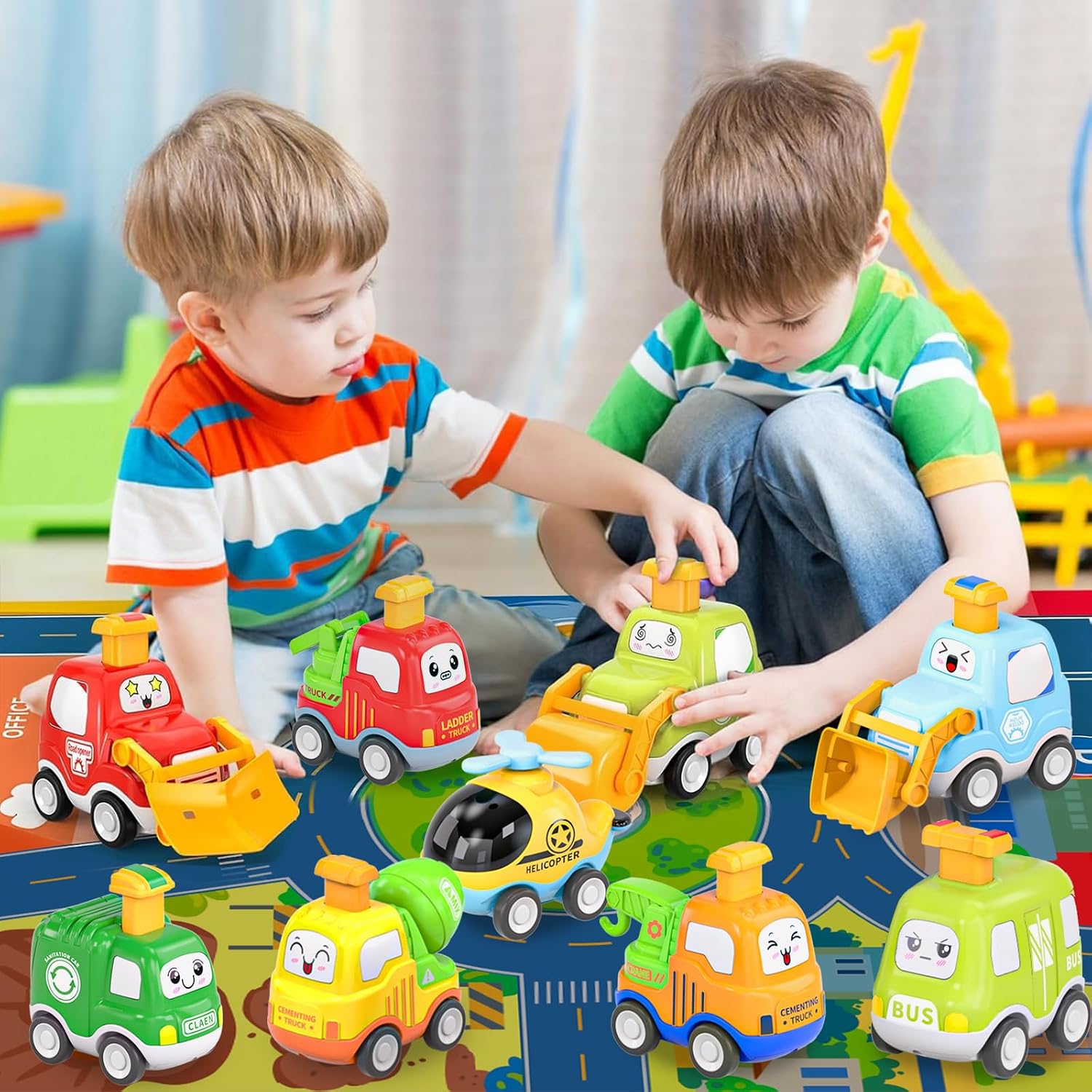 Detalle de Spielzeugautos zum Zurückziehen für Kleinkinder – 9-teiliges Set mit Spielmatte und Aufbewahrung