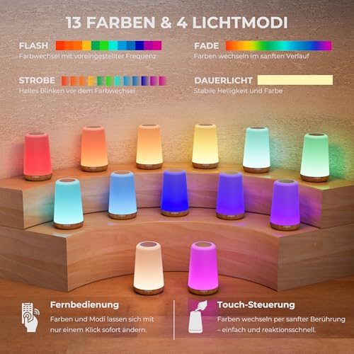 Detalle 2 de UPXNBOR LED Nachttischlampe – Touch- & Fernbedienung, 13 RGB-Farben, 4 Lichtmodi, 5-stufige Helligkeit, Timer, Akku 1800 mAh
