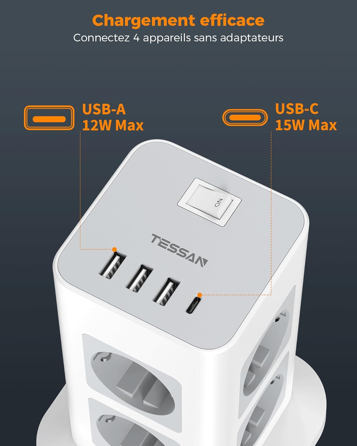 Thumbnail 2 de TESSAN Tour Multiprise 8 sorties AC avec 4 USB (3A, 1C) et interrupteur — rallonge 2 m, protection surtension, gris