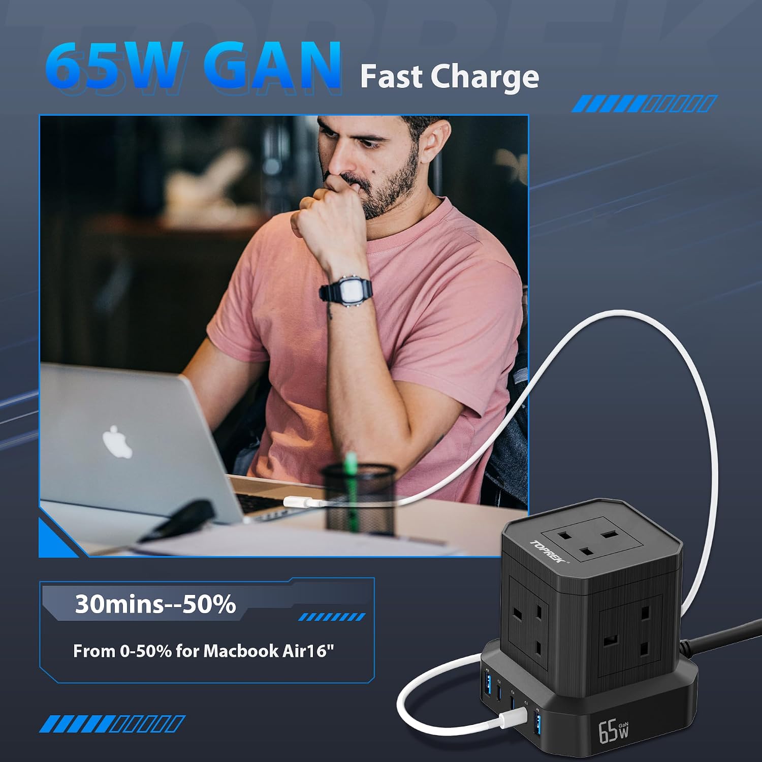 Detalle de TOPREK 65W PD3.0 charging extension lead