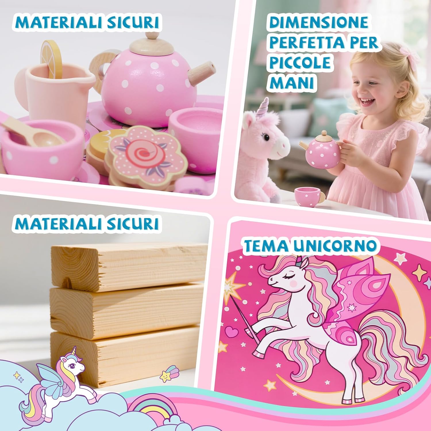 Detalle de Set da Tè Unicorno in Legno 13 pezzi 🧁