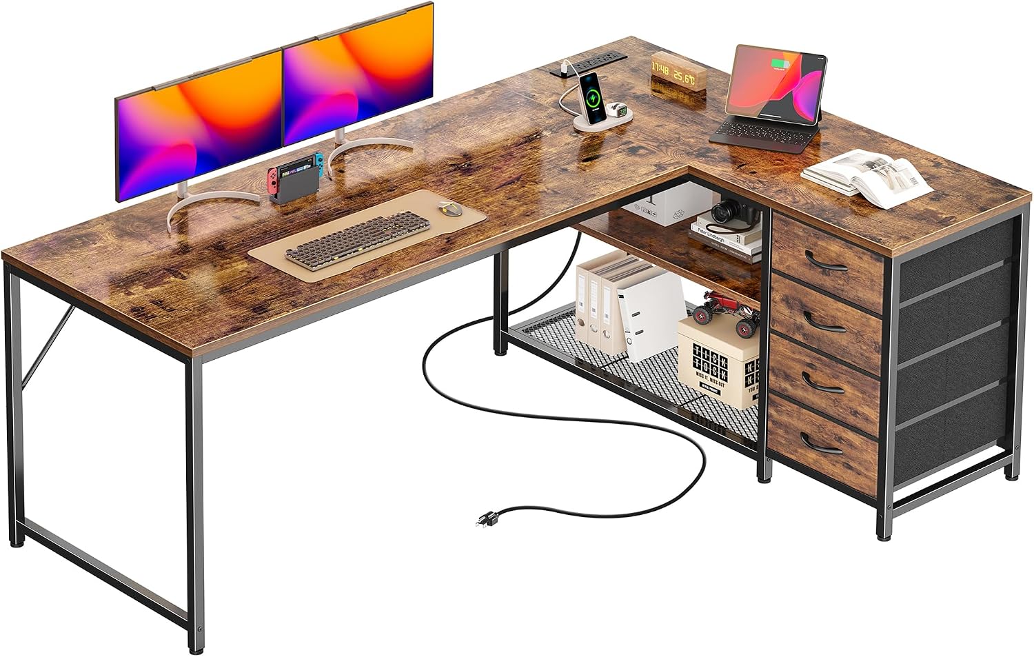 Detalle de PRAISUN 61" L-Shaped Desk with Power Outlets, 4 Drawers, Rustic Brown