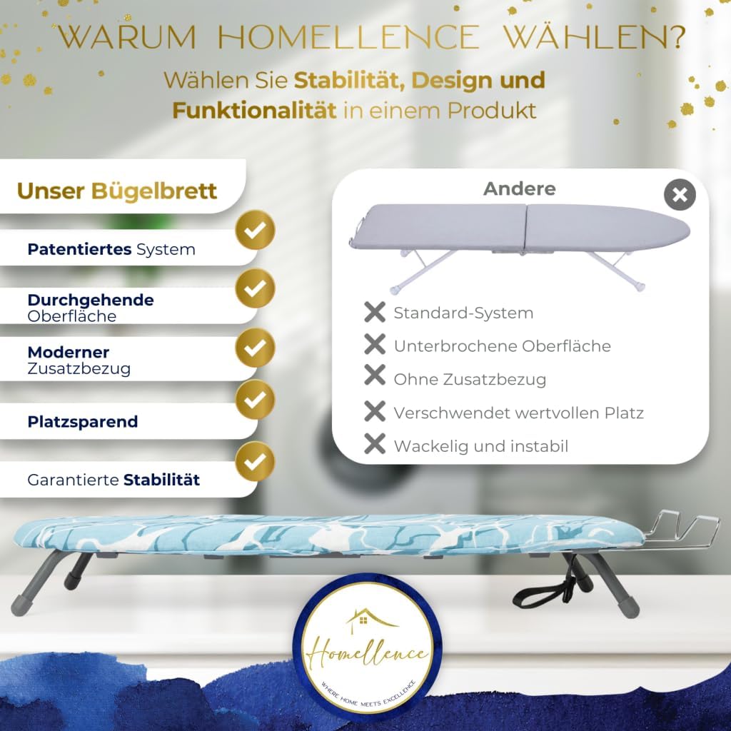 Thumbnail 6 de Homellence kleines Tischbügelbrett klappbar (Blau) inklusive 2 Premium-Bezügen – kompakt zum Reise- und Alltagbügeln