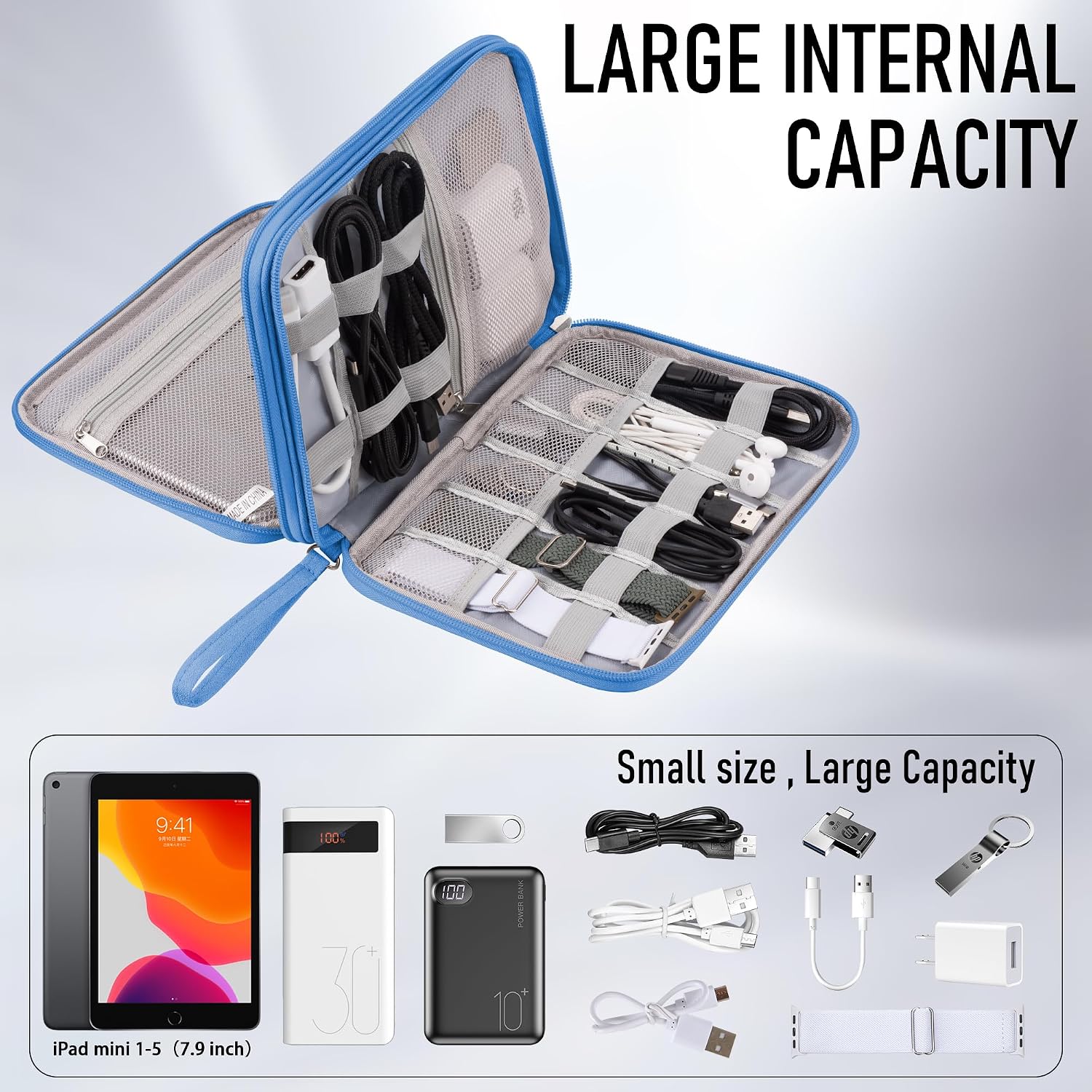 Detalle de Arae Electronic Accessories Organiser Travel Essentials Cable Bag (Sky Blue) – Large, Double-Layer Storage