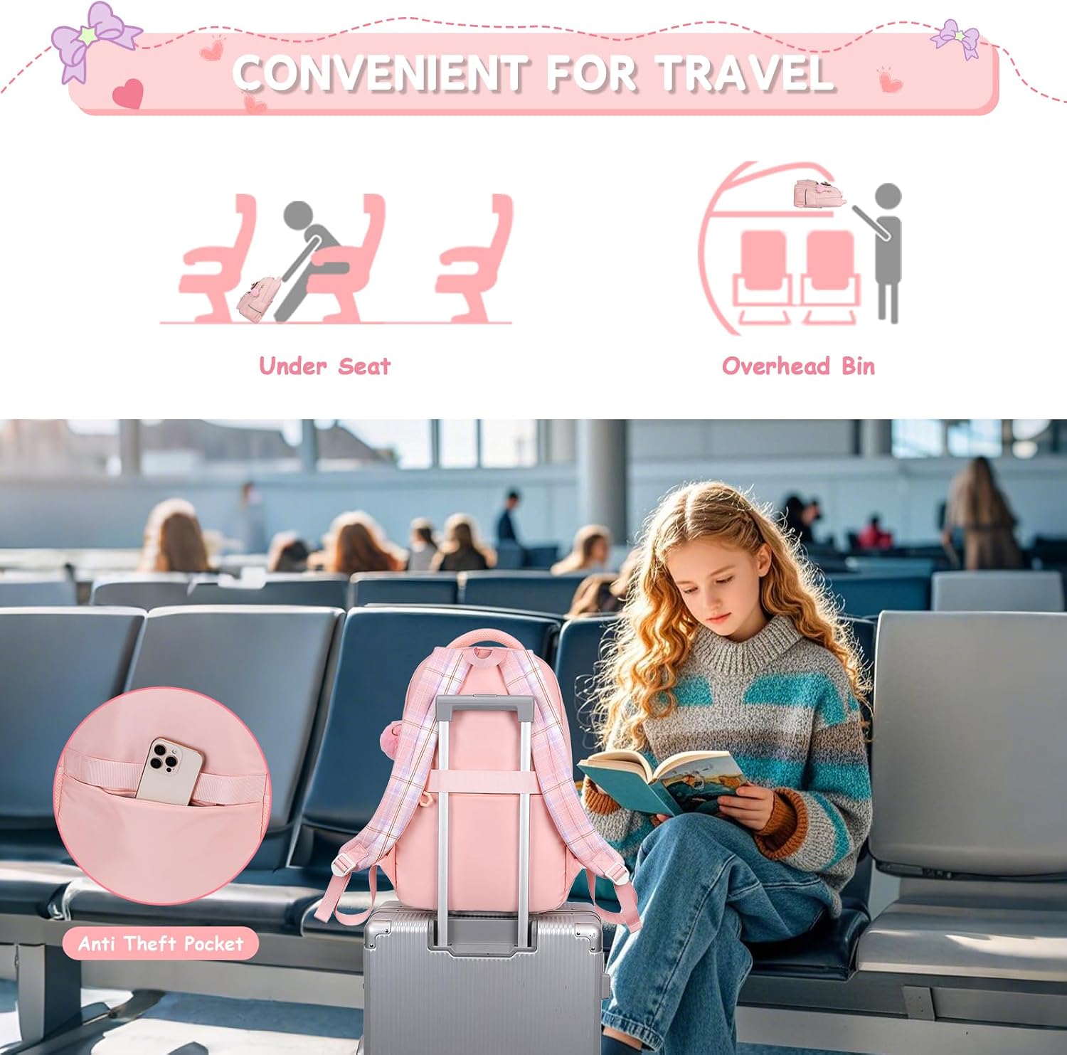 Detalle 2 de QIXIHU Girls Backpack: Plaid School Bag with Pencil Case for Young Students